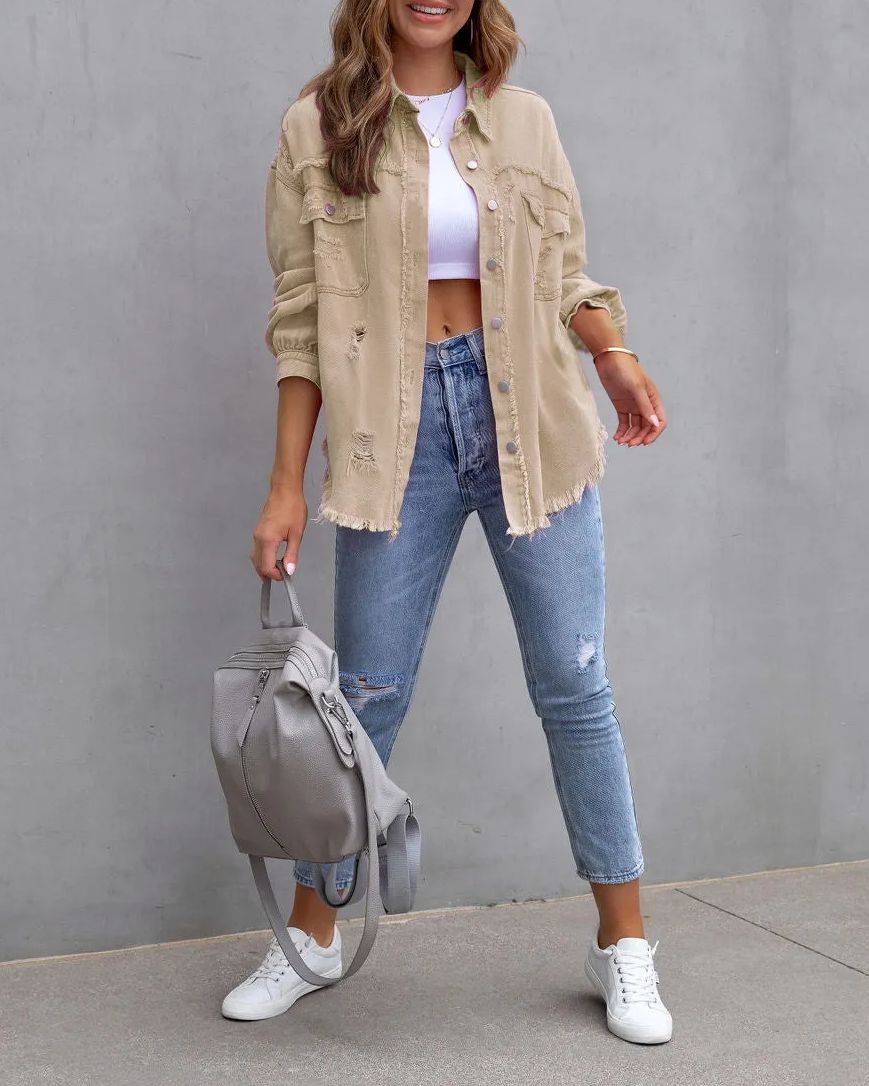 50% OFF🔥Women's Basic Casual Ripped Denim Jacket Long Sleeve (Buy 2 Free Shipping)