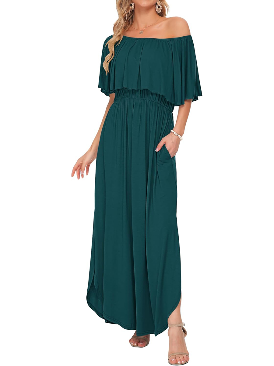 Women's Summer Casual Off Shoulder Ruffle Side Split Maxi Dresses with Pockets