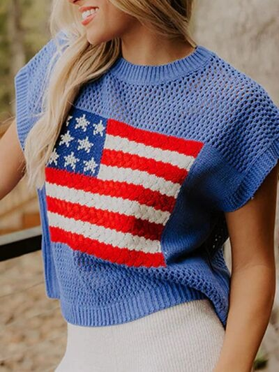Flag Graphic Short Sleeve Hollow Out Top