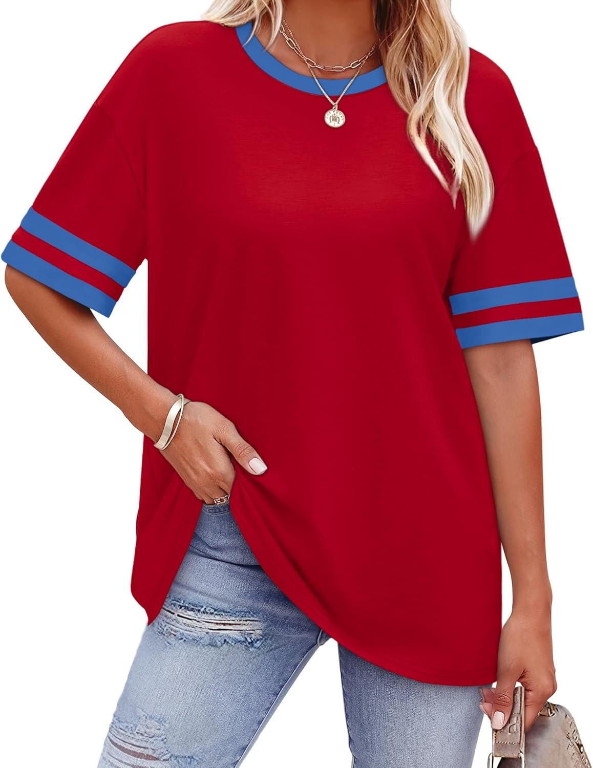 Women's Oversized Crew Neck Colorblock Striped Sleeve T-shirt
