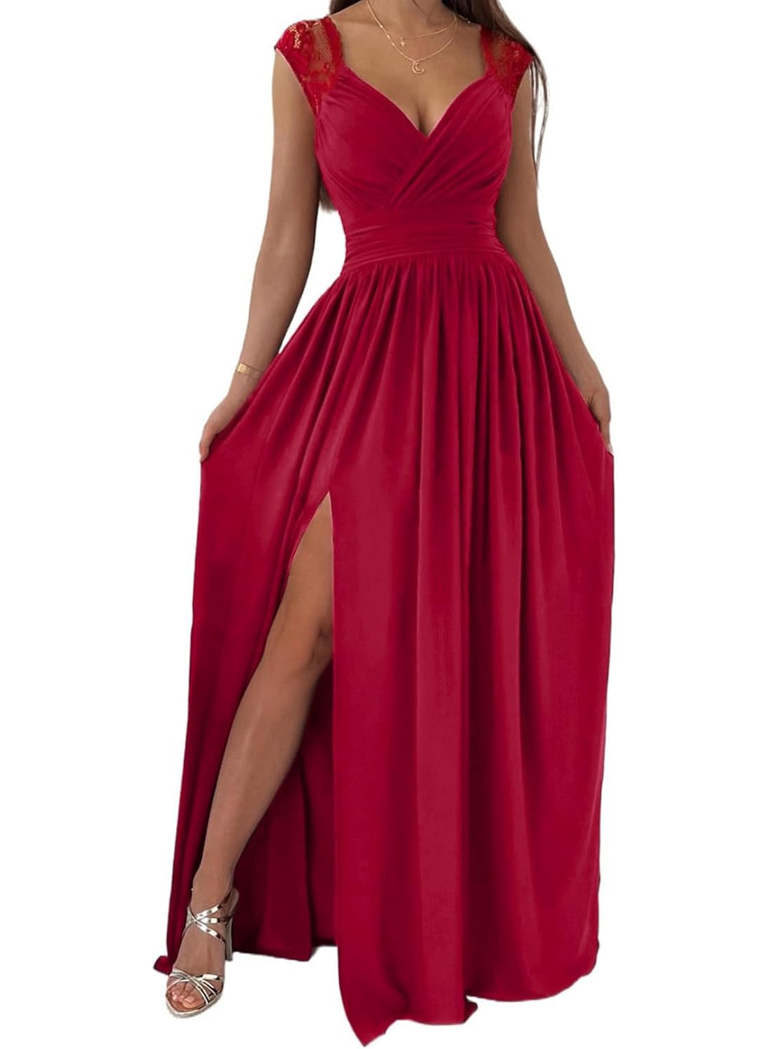 Women's Wrap V-Neck Lace Strap Ruched Sexy Maxi Dress