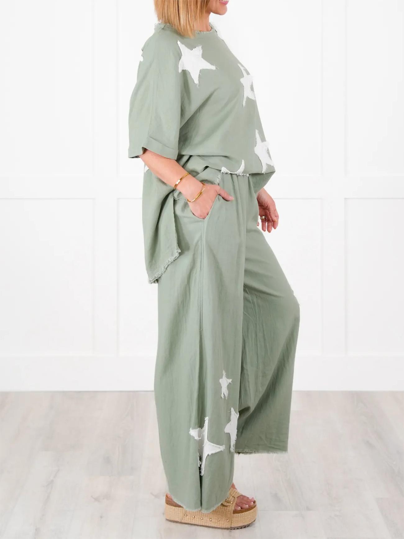 Women's Short Sleeve Top And Wide Leg Pant Set With Star Patch Detail(50% OFF🔥)