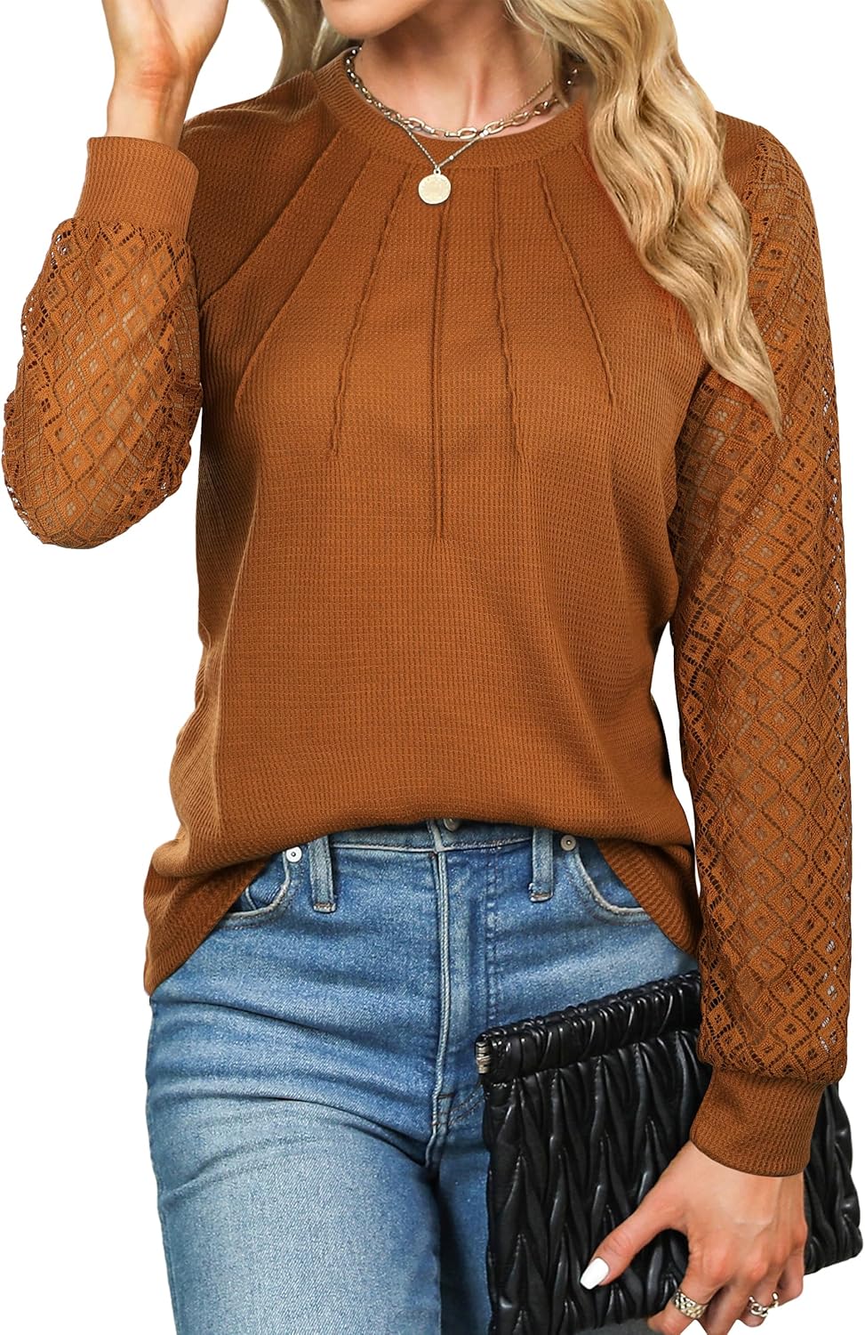 Women's Dressy Casual Lace Long Sleeve Knit Tops Shirts