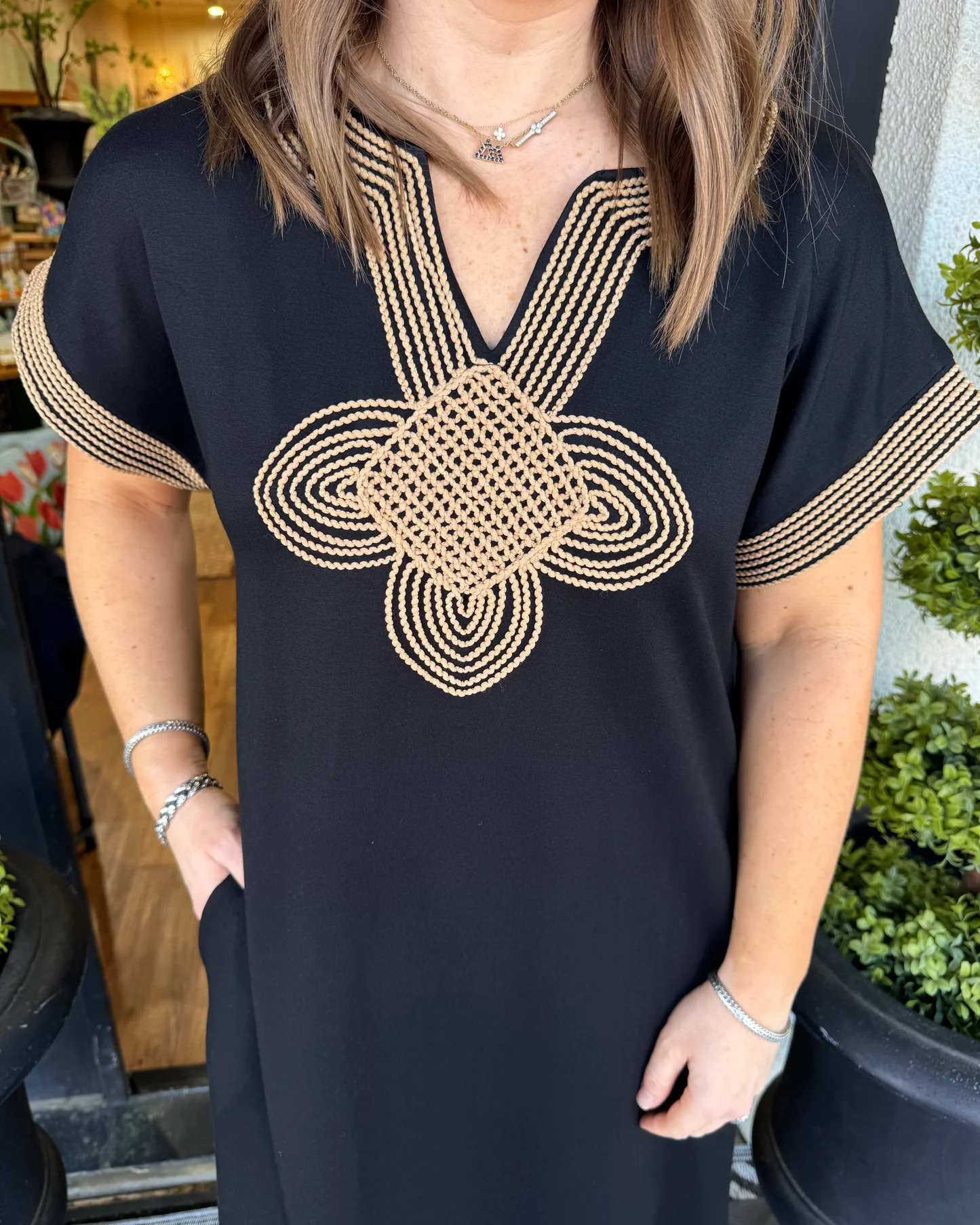 Women's V Neck Embroidered Short Sleeve Maxi Dress