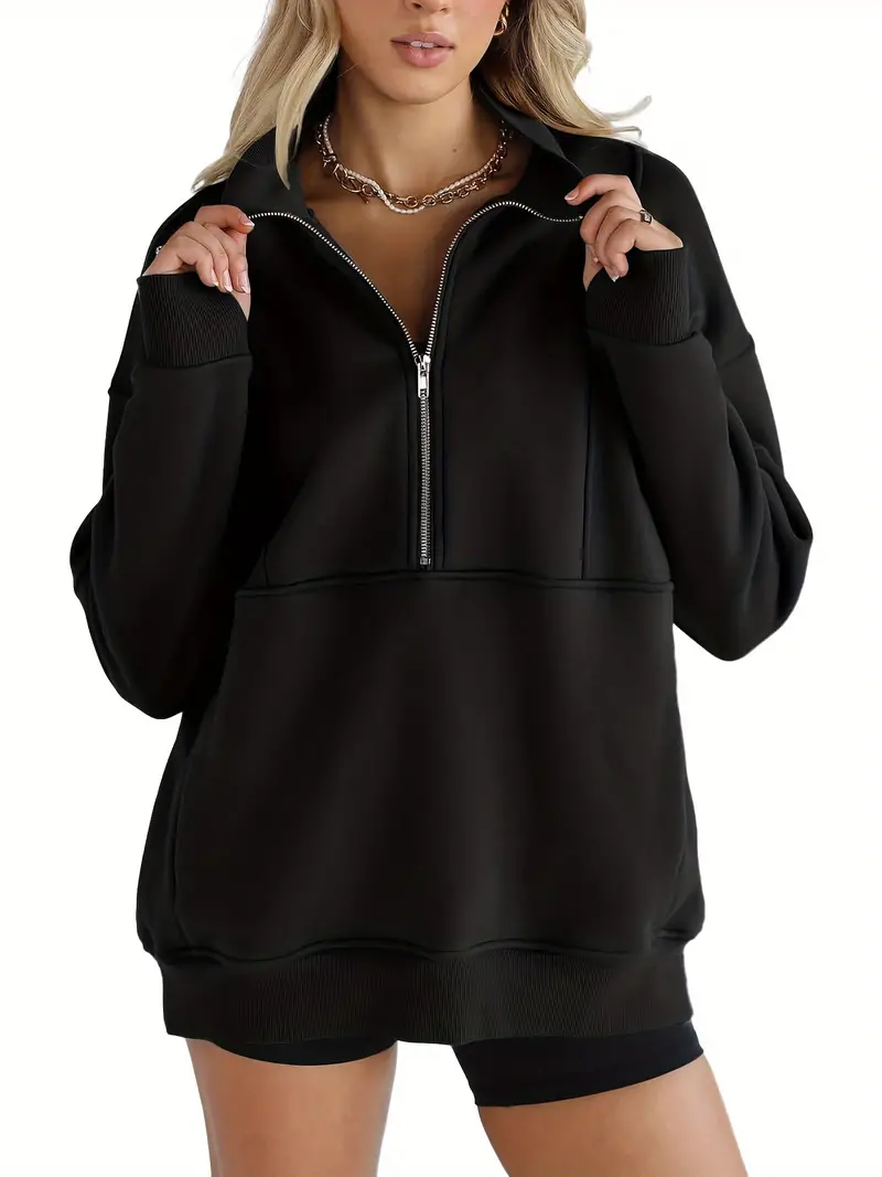  Solid color half-zip pullover sweatshirt