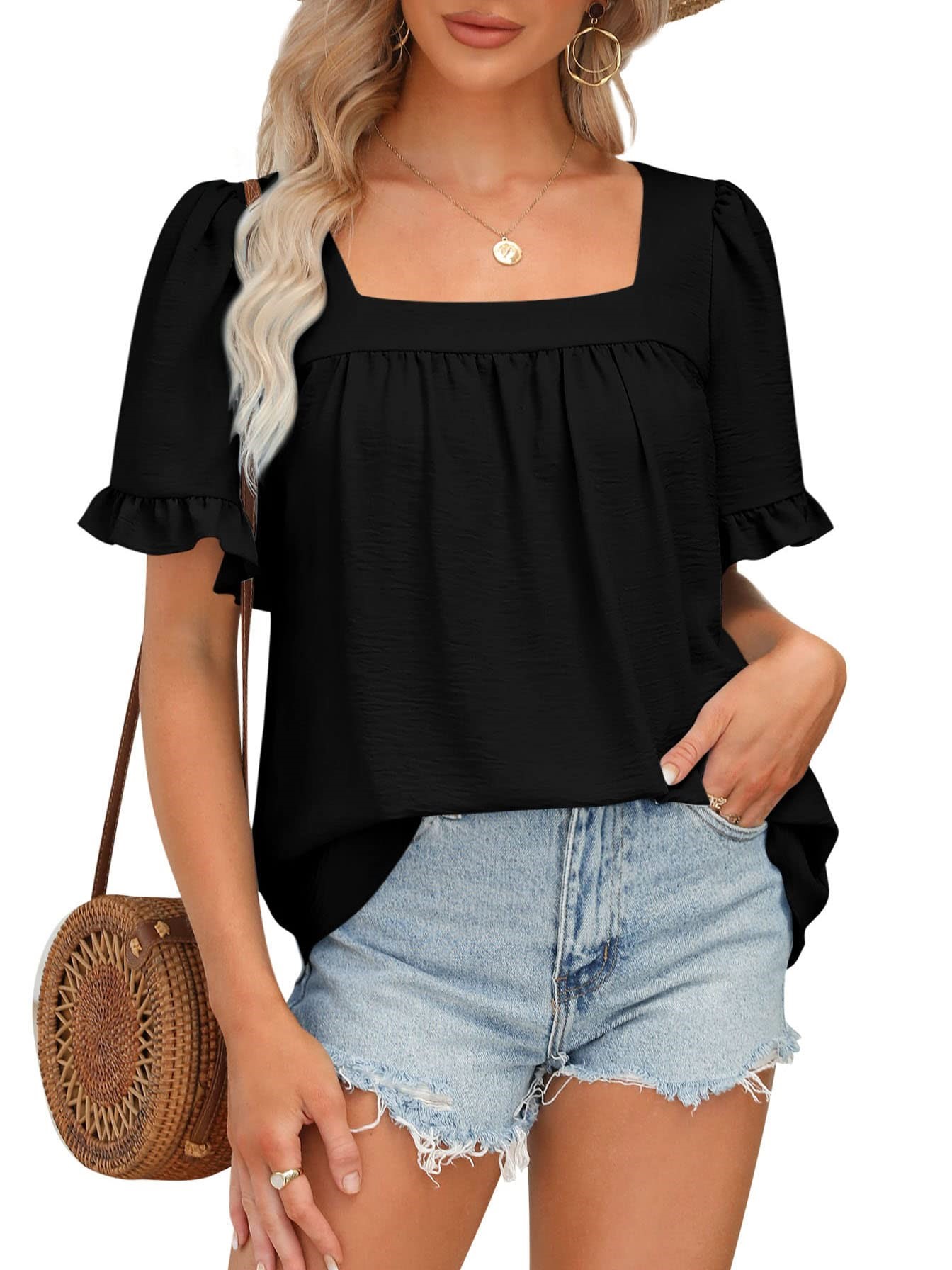 Women's Sqaure Neck Ruffle Sleeve Blouses Peplum Tops