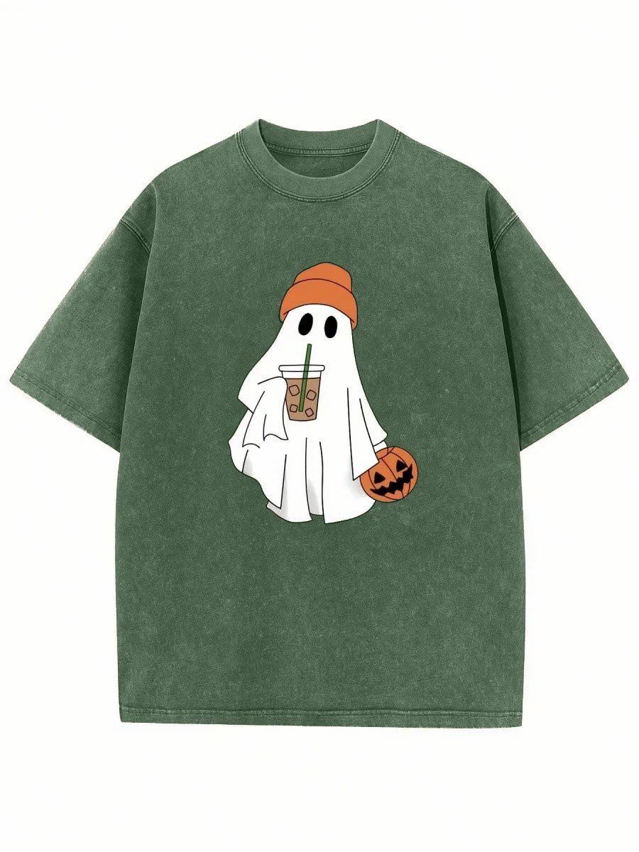 Vintage Halloween Cute Pumpkin And Ghost Print Washed T-Shirt 