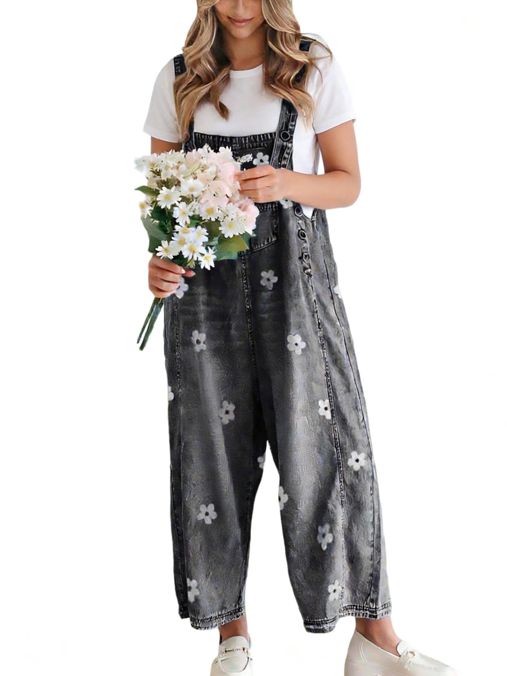 Women's Floral Printed Adjustable Strap Denim Bib Overalls Baggy Jumpsuit