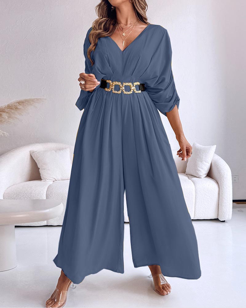 Women's Casual V-Neck Half Sleeve Ruched Jumpsuit