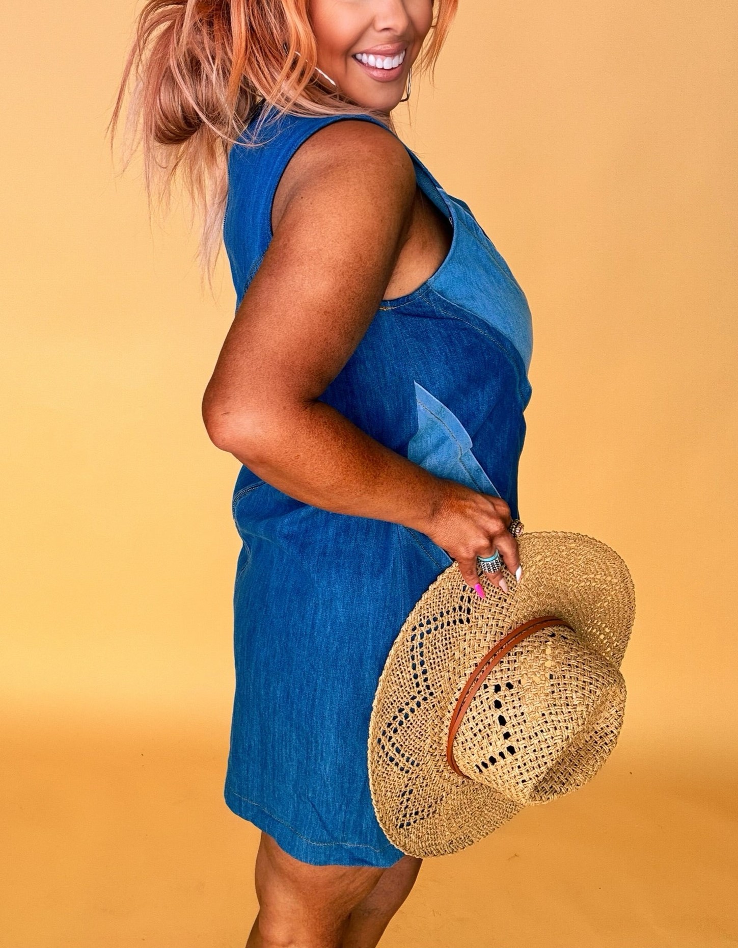 Chevron Sleeveless V Neck Midi Denim Tank Dress