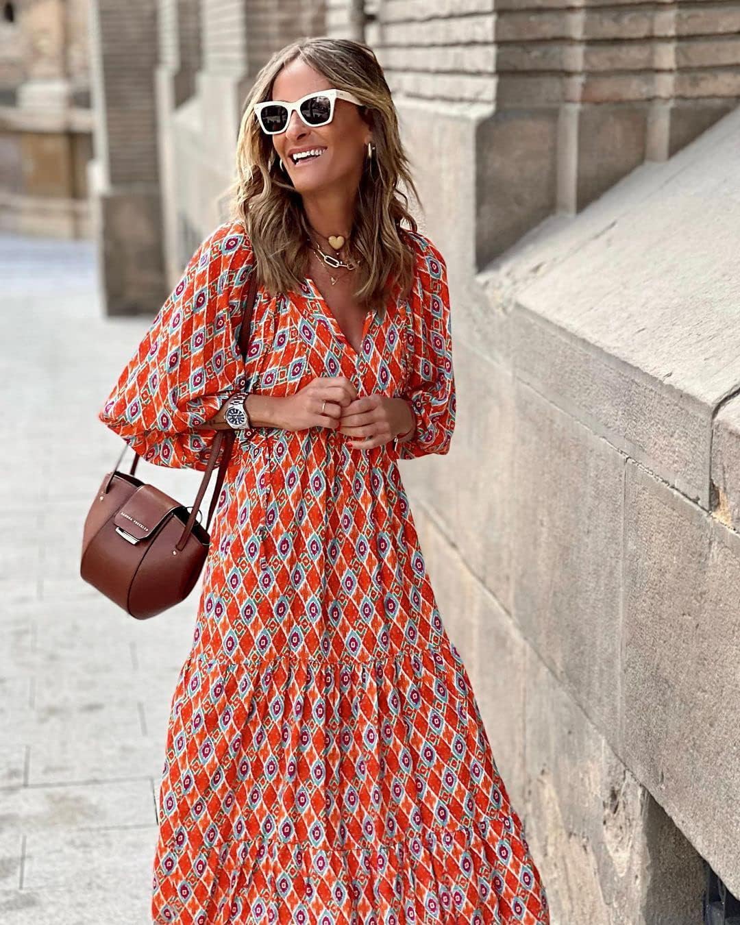 HOT SALE Summer V Neck Puff Sleeve Floral Flowy Casual Maxi Dress