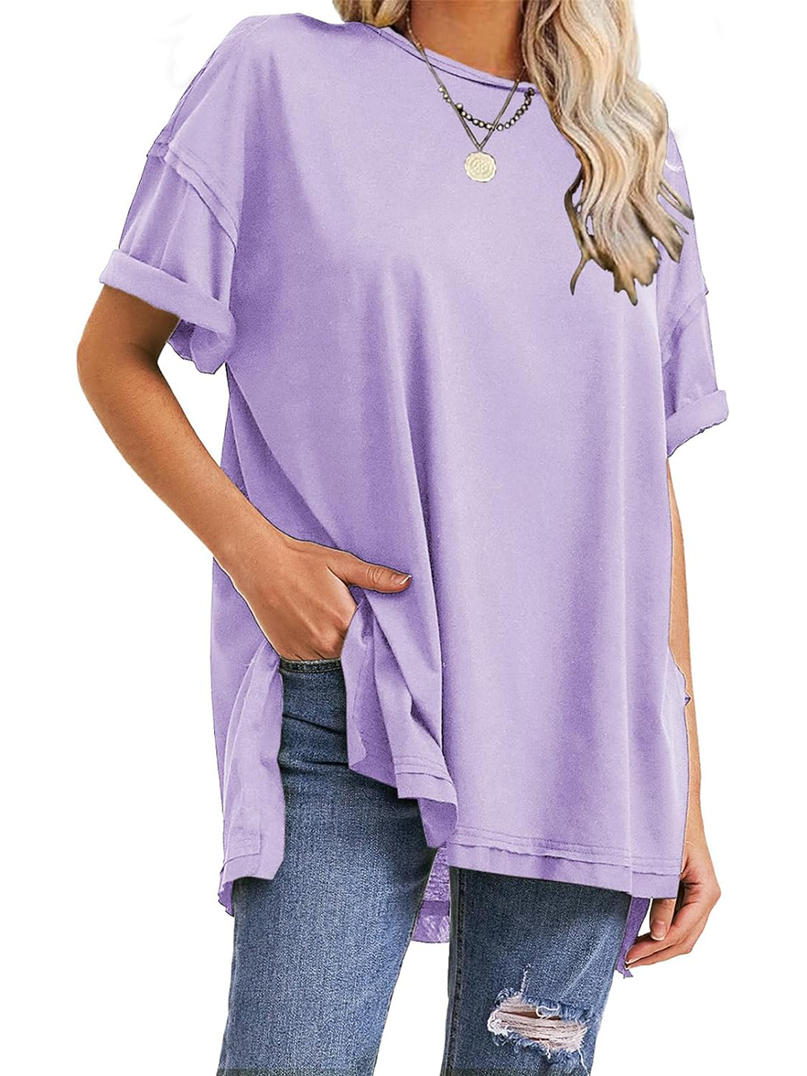 HOT SALE Oversized Crewneck Loose Side Slit Plus T-shirts 