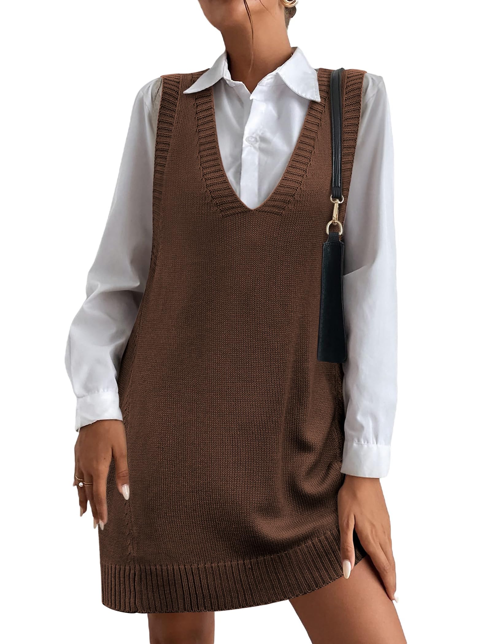 Women Oversized V Neck Sleeveless Knit Pullover Ribbed Vest Dress with Pockets