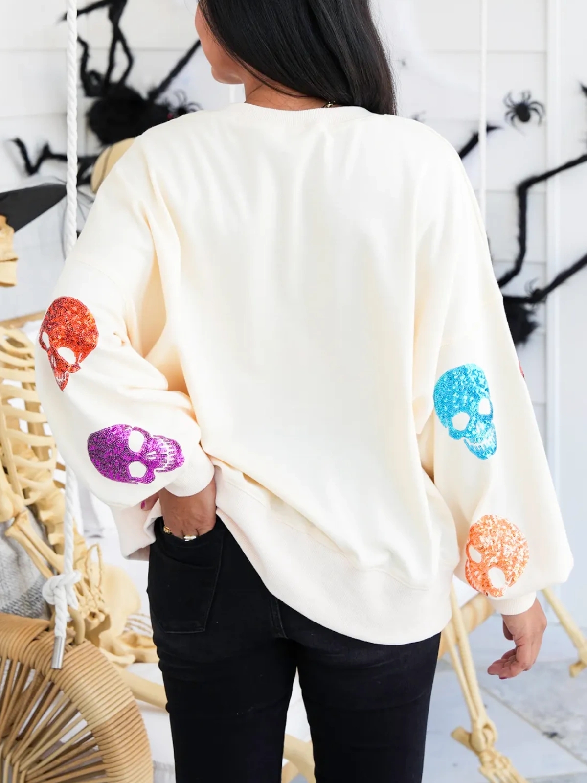 Multi Colored Sequin Skulls Sweatshirt (Buy 2 Free Shipping)