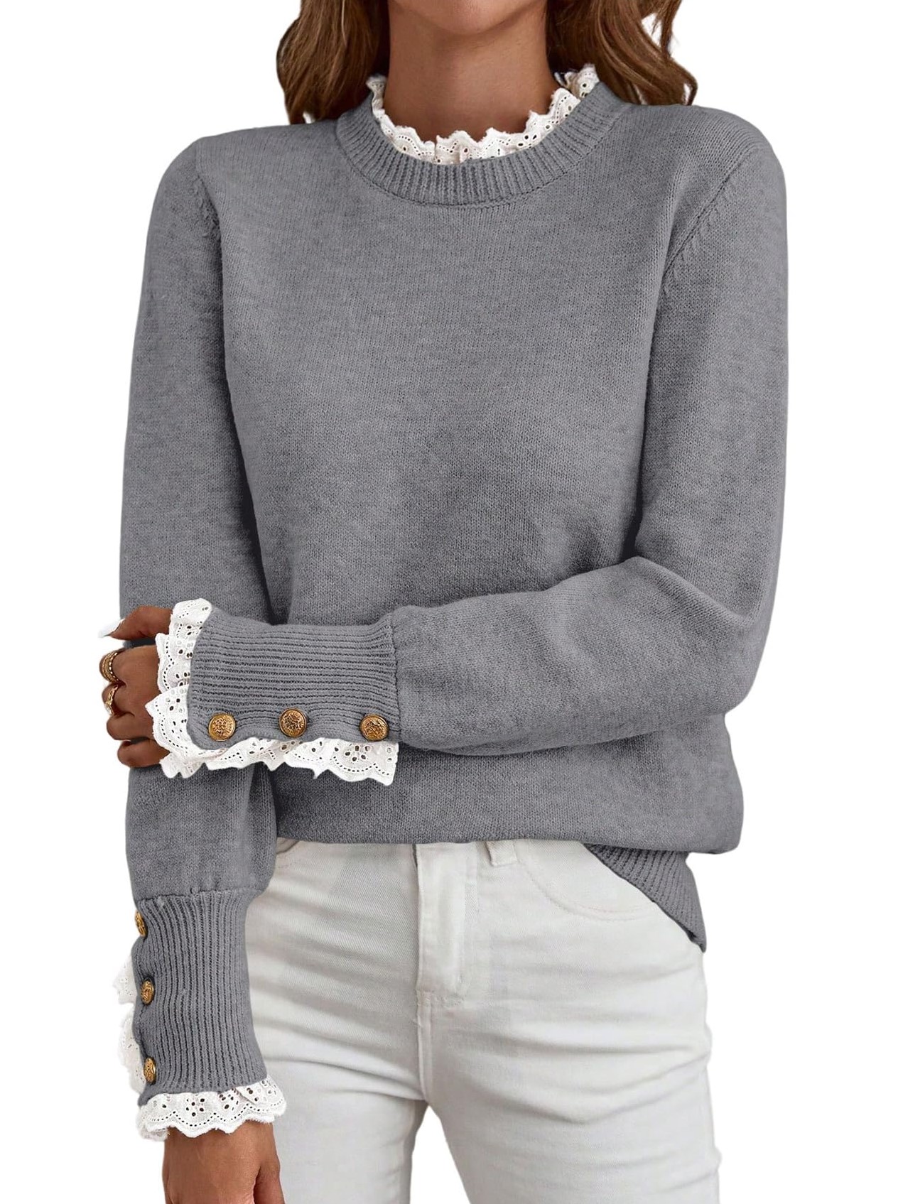 Women's Long Sleeve Knitted Button Lace Trim Sweater