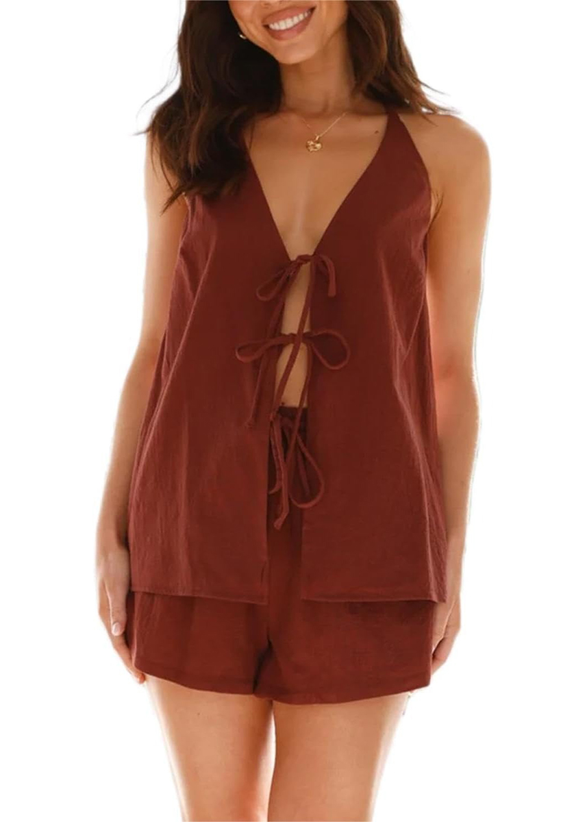 Women's Halter Tie Front Tank Top and High Waist Shorts 2 Piece Set