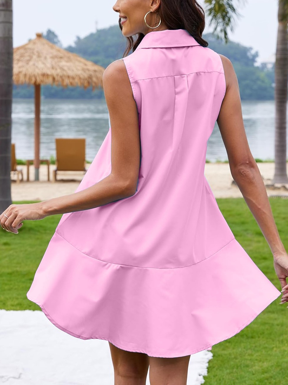 Women's Sleeveless Button Shirt Dress with Pockets