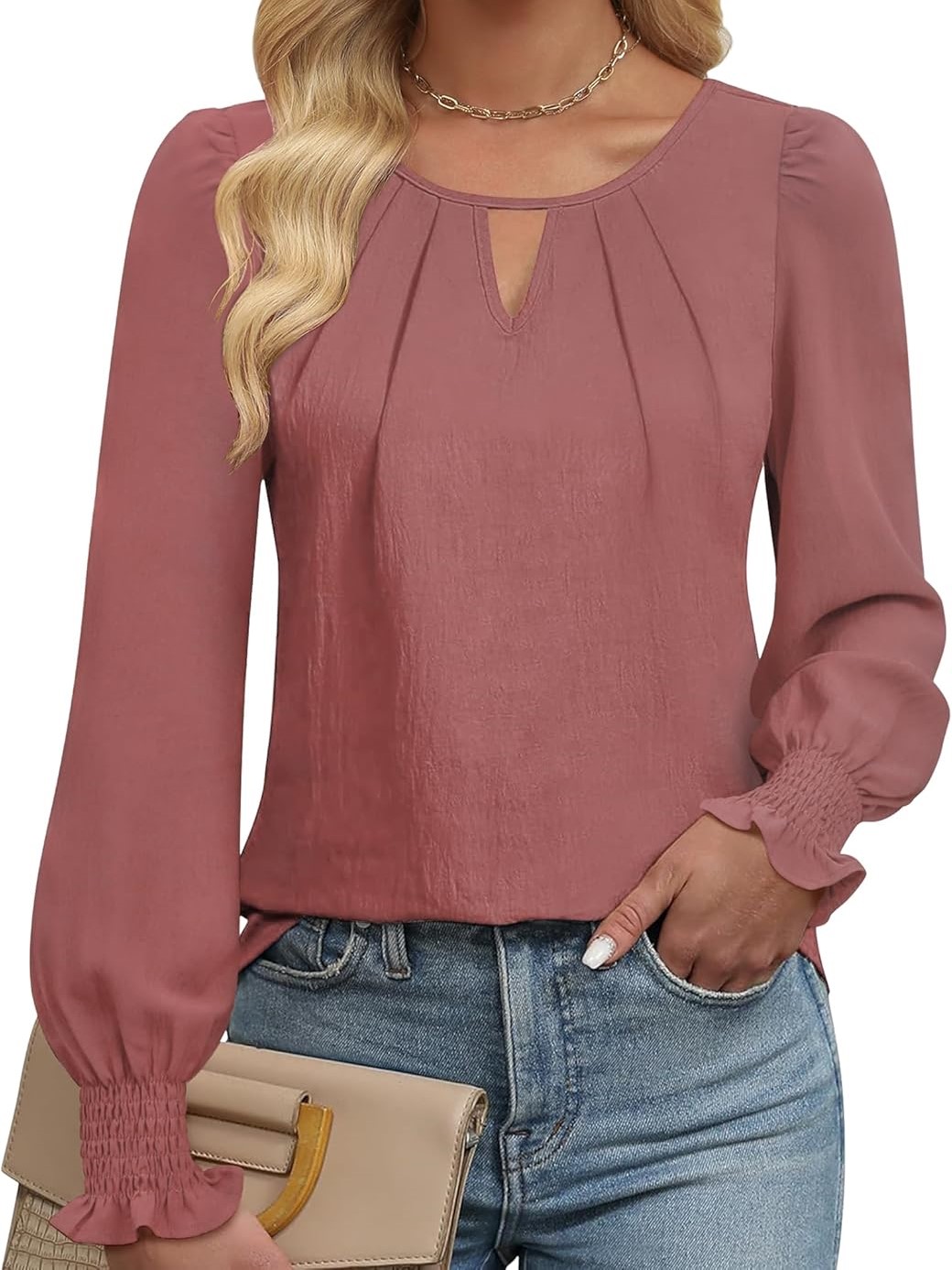 Women's Long Sleeve Dressy Casual Keyhole Hollow Pleated Shirt Tops