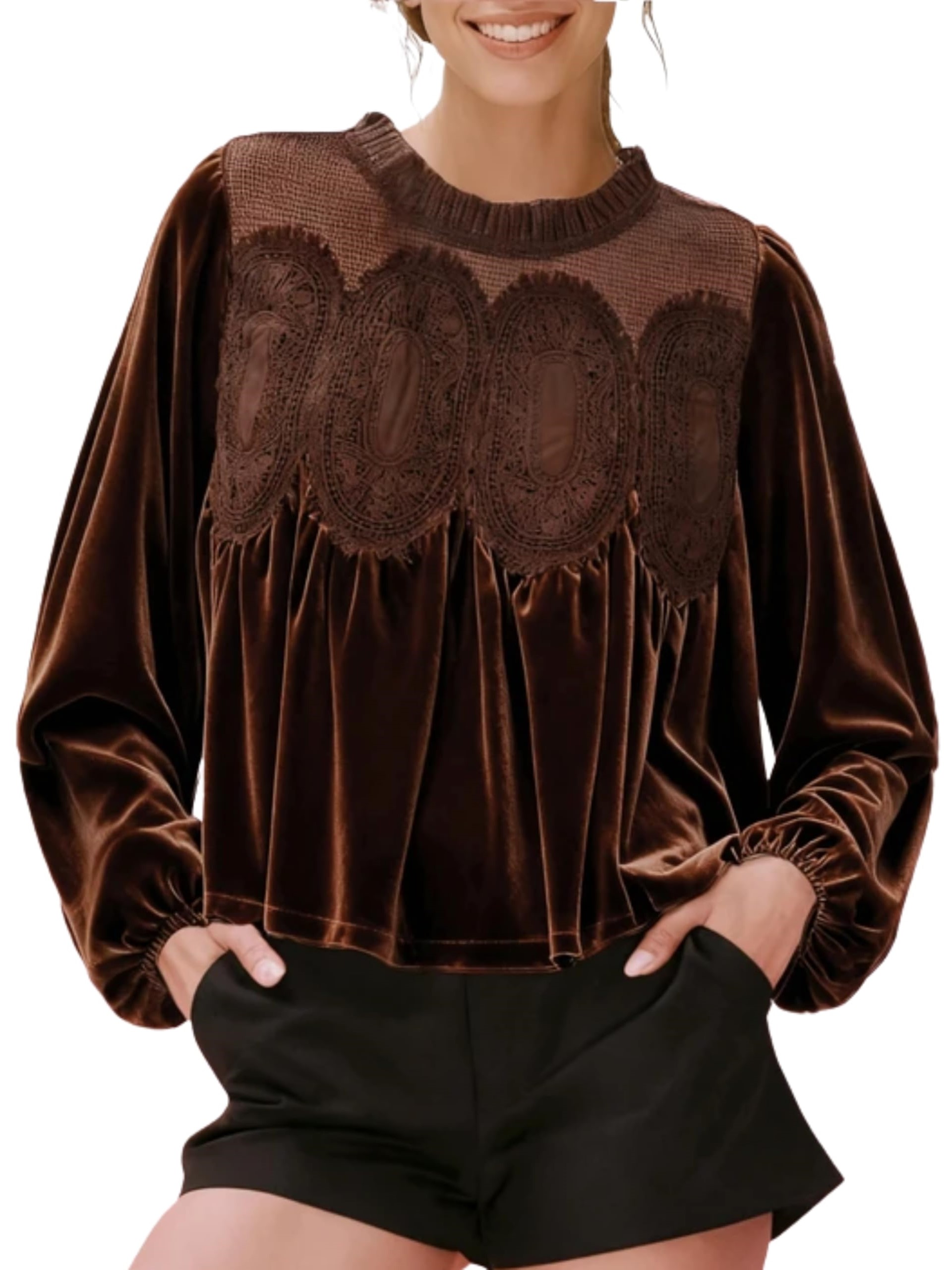 Women's Round Neck Long Sleeve Velvet Trim Lace Blouse