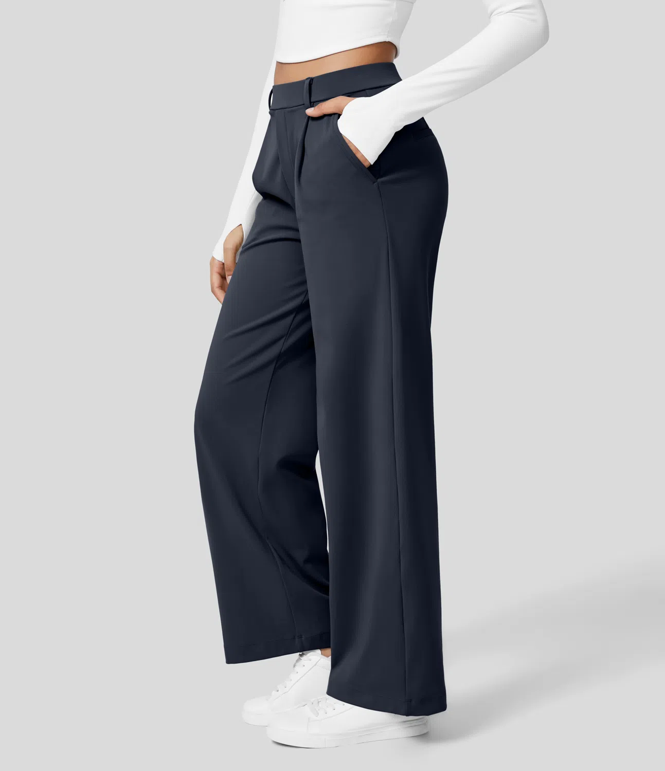 High Waisted Plicated Side Pocket Straight Leg Work Pants