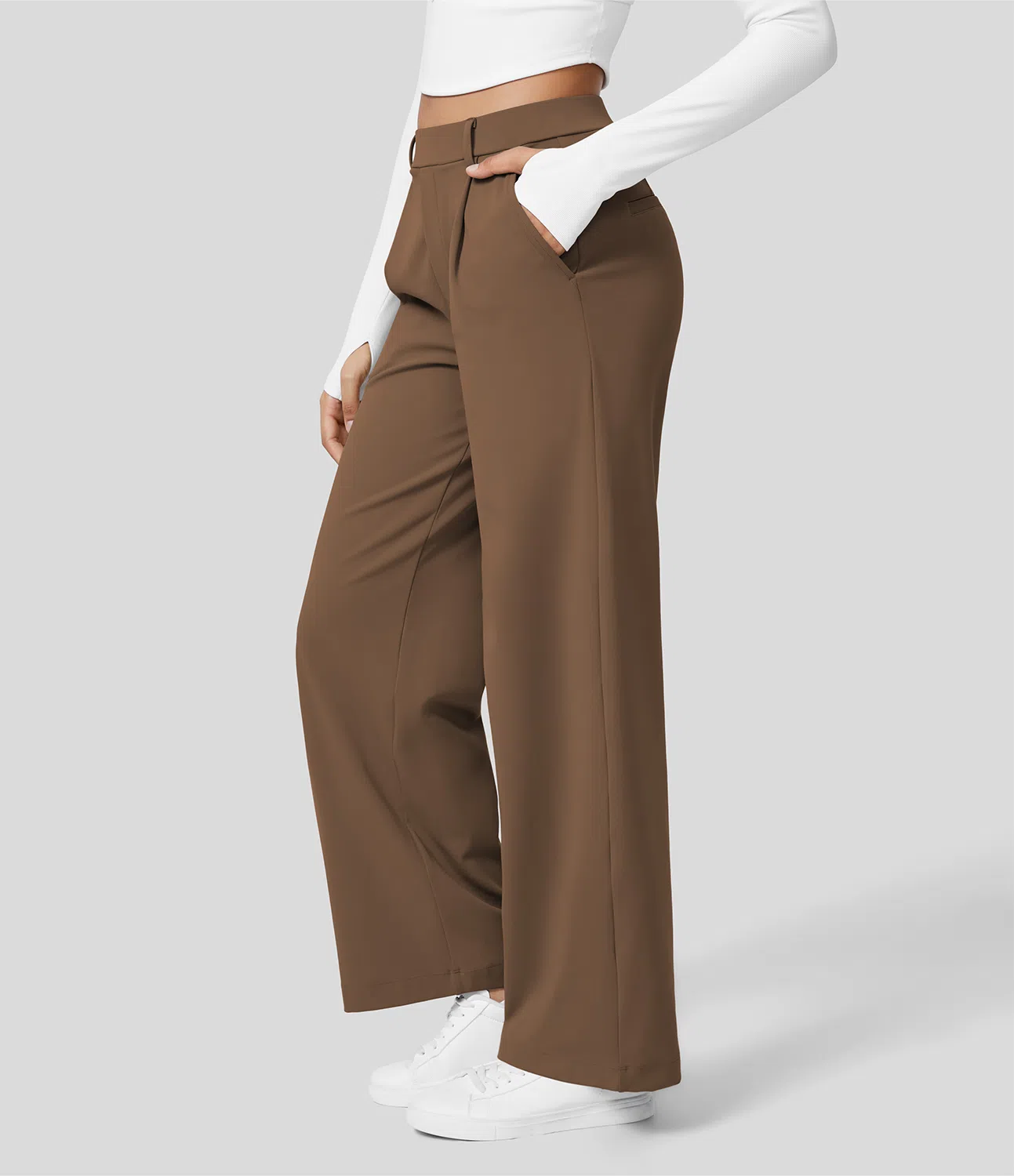 High Waisted Plicated Side Pocket Straight Leg Work Pants