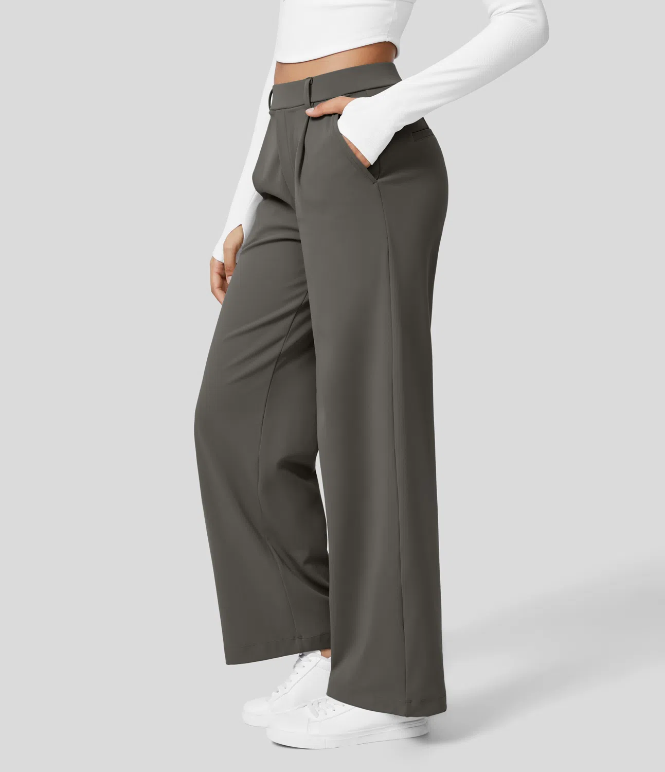 High Waisted Plicated Side Pocket Straight Leg Work Pants