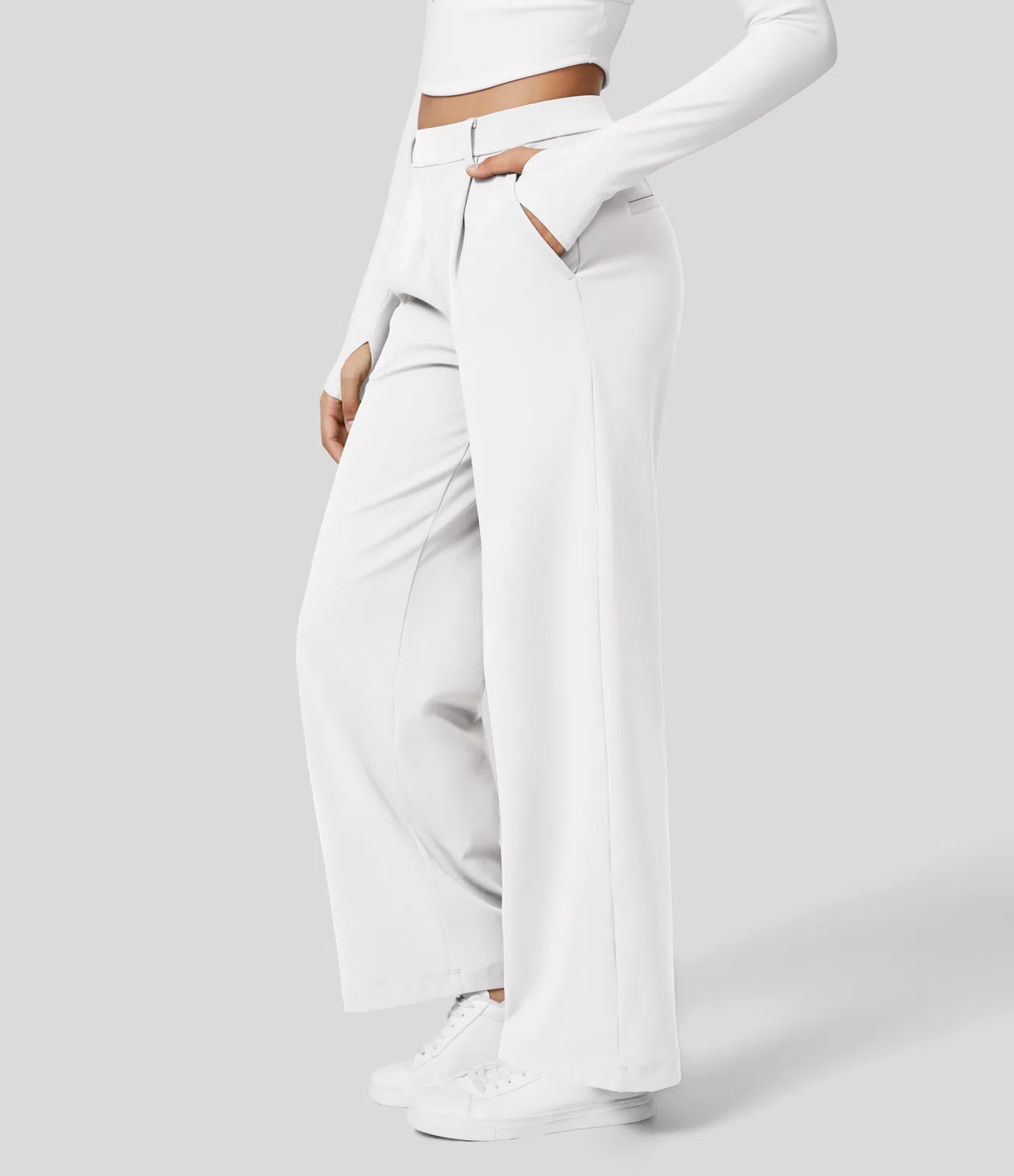 High Waisted Plicated Side Pocket Straight Leg Work Pants