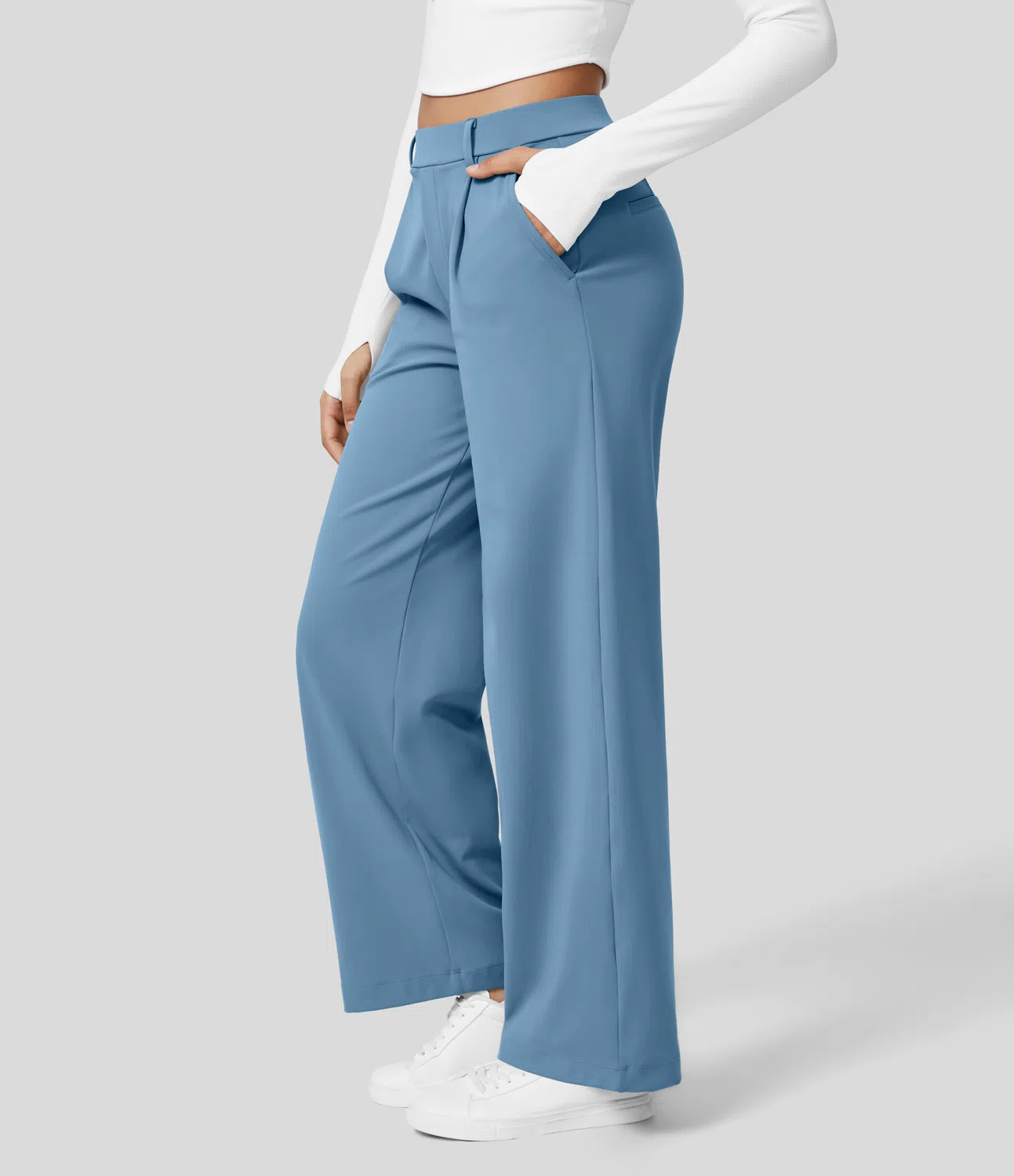 High Waisted Plicated Side Pocket Straight Leg Work Pants
