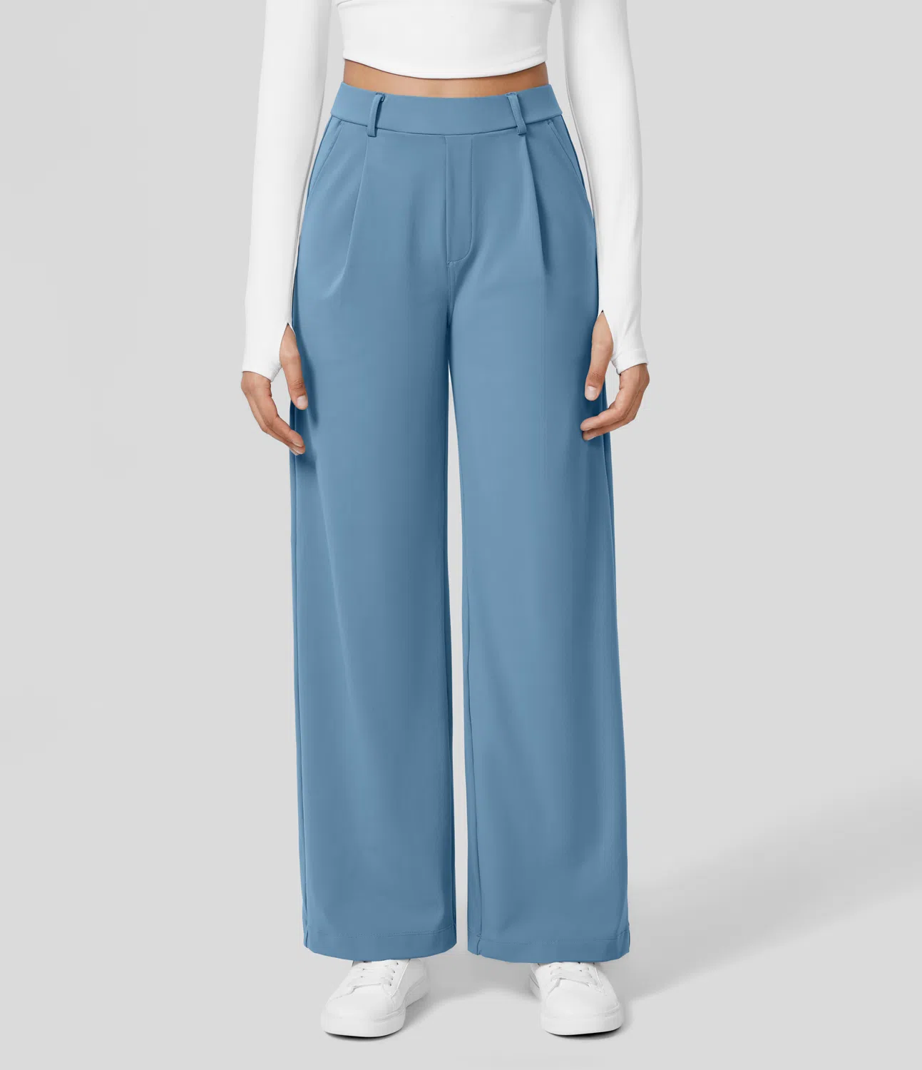 High Waisted Plicated Side Pocket Straight Leg Work Pants