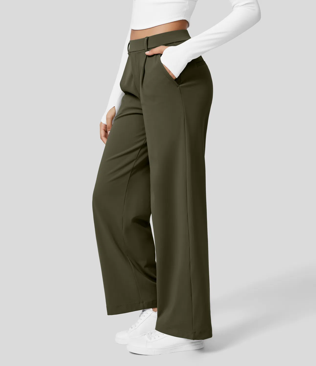 High Waisted Plicated Side Pocket Straight Leg Work Pants