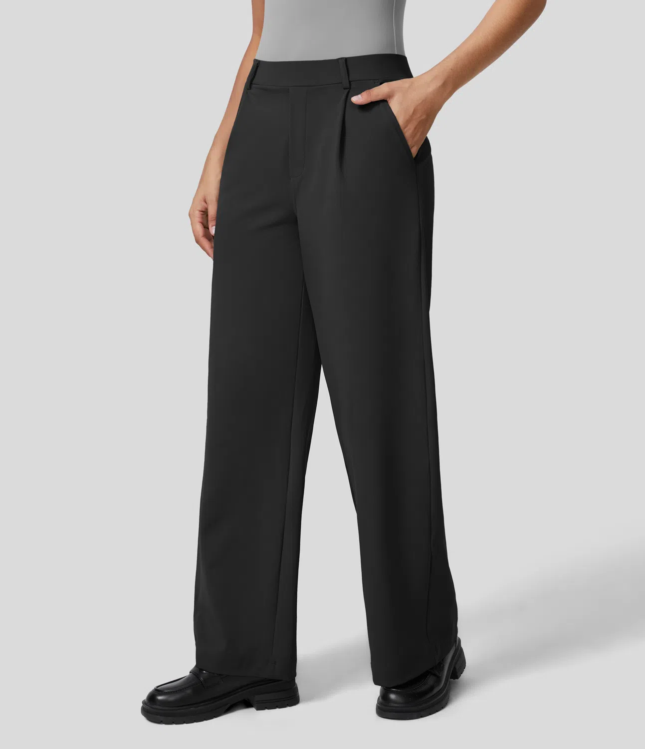High Waisted Plicated Side Pocket Straight Leg Work Pants