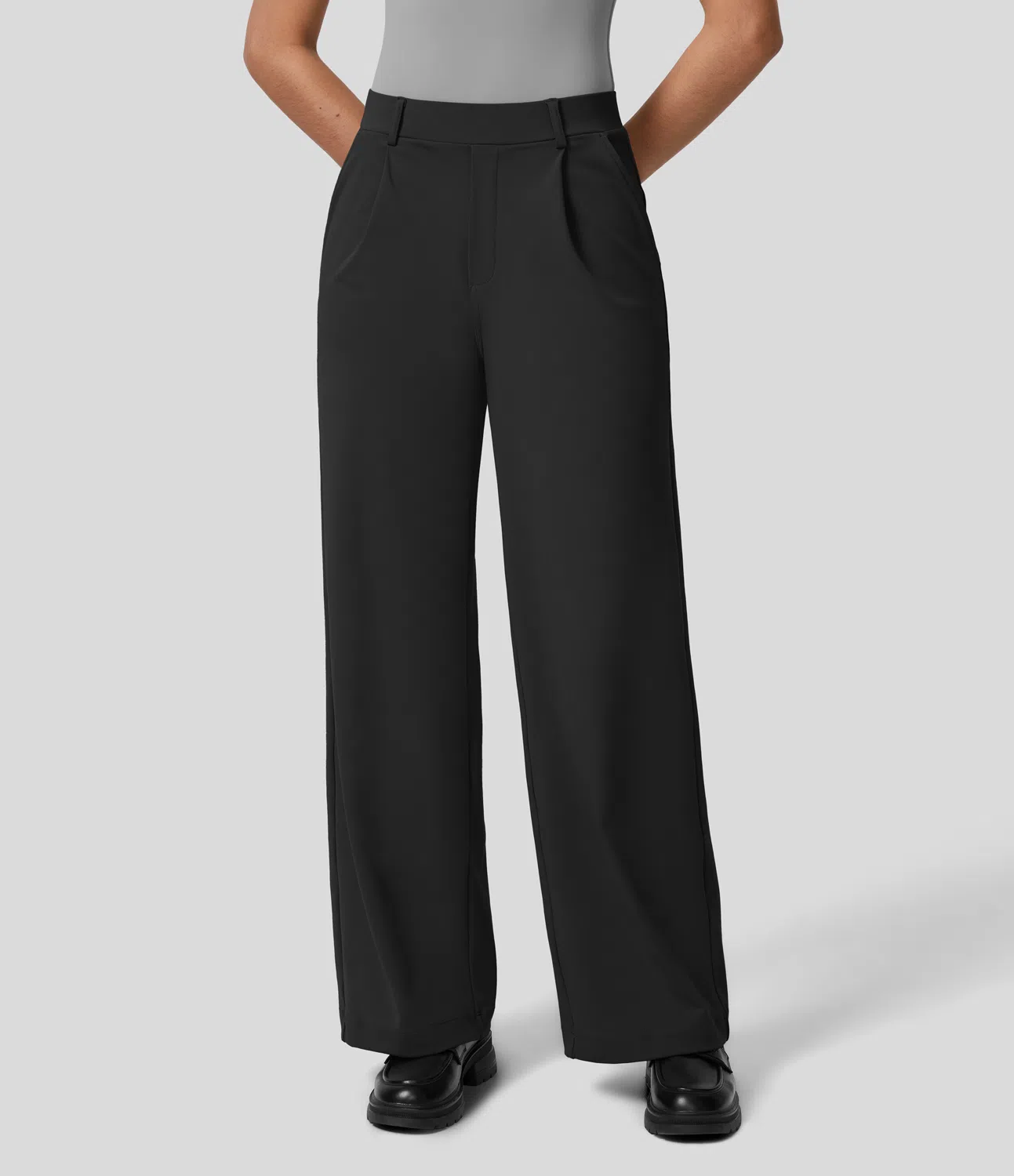 High Waisted Plicated Side Pocket Straight Leg Work Pants