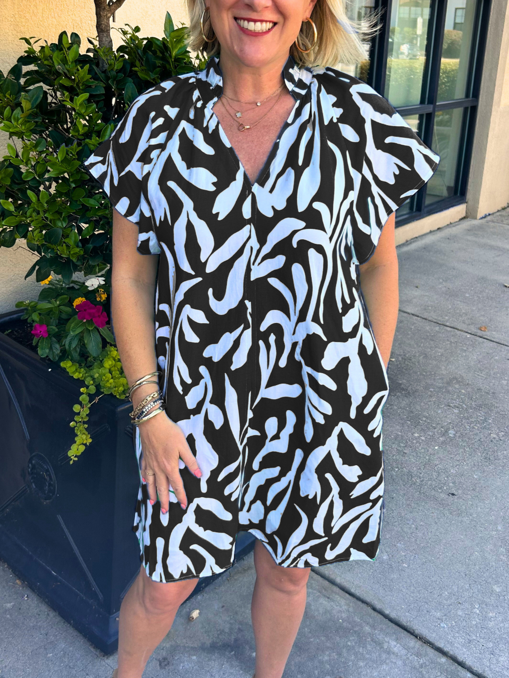 Printed V Neck Ruffled Dress