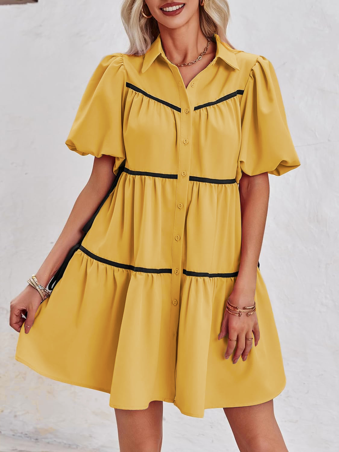 🔥Summer Contrasting Puff Short Sleeve Tiered Mini Dress (Buy 2 Free Shipping)