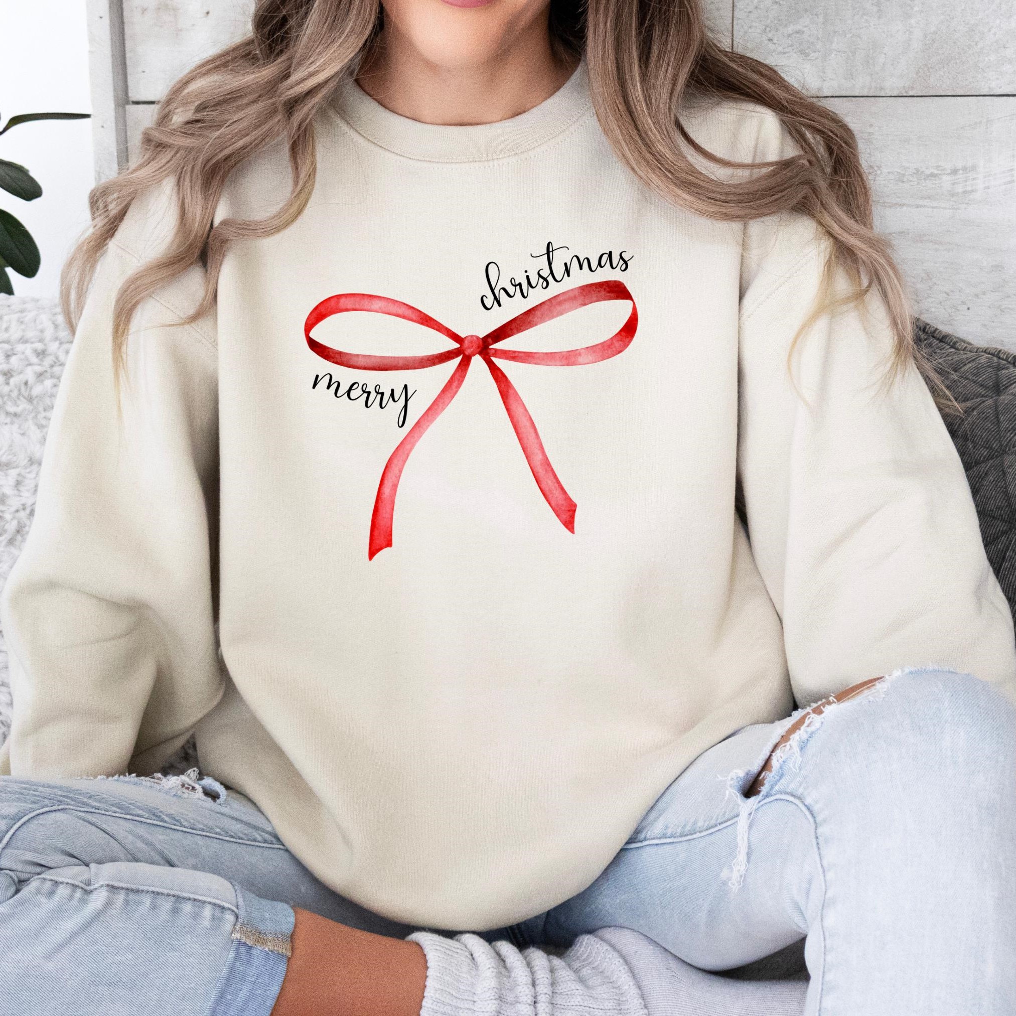“Merry Christmas” Red Bow Print Holiday Sweatshirt