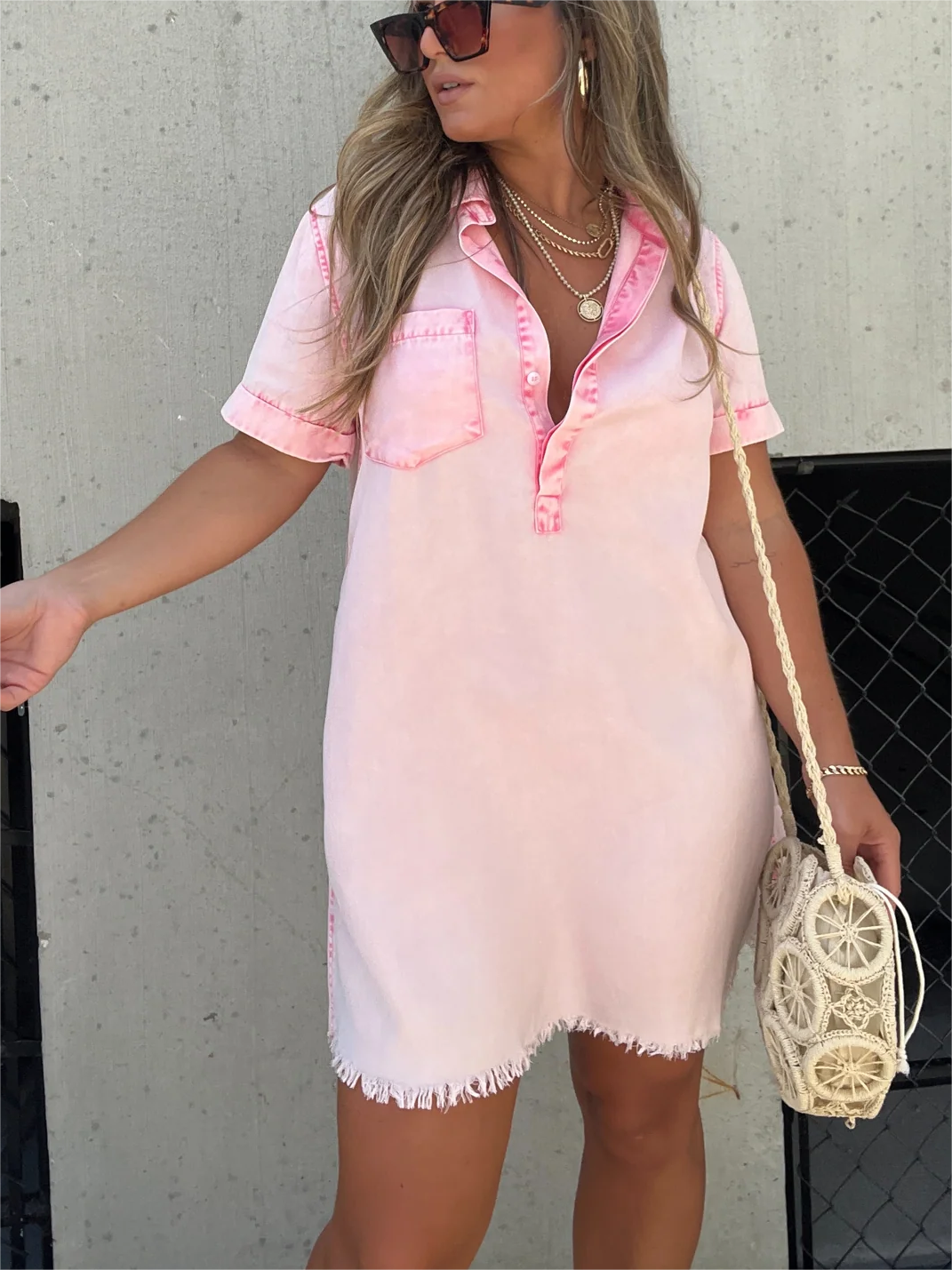 Women's Washed Shirt Dress (Buy 2 Free Shipping)-Pink Laura