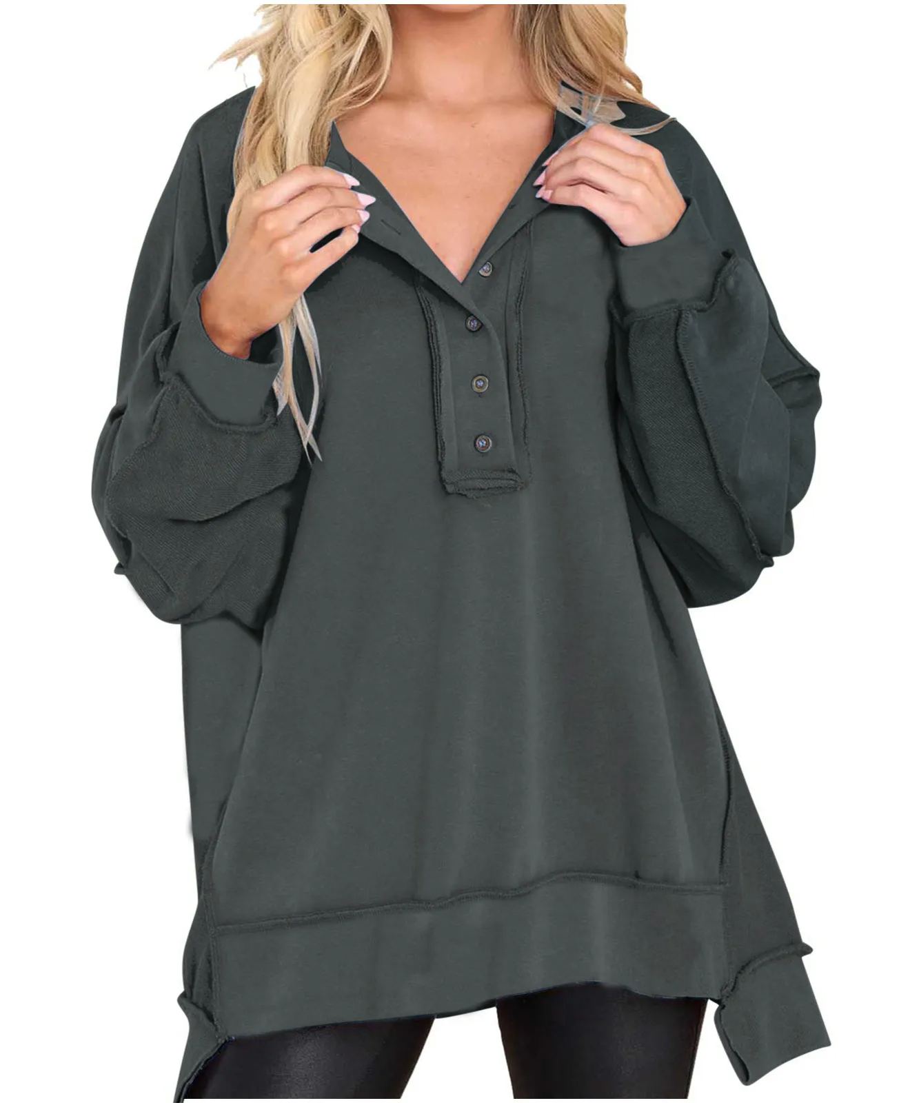 Oversized Casual Buttoned Henley Sweatshirt (Buy 2 Free Shipping)