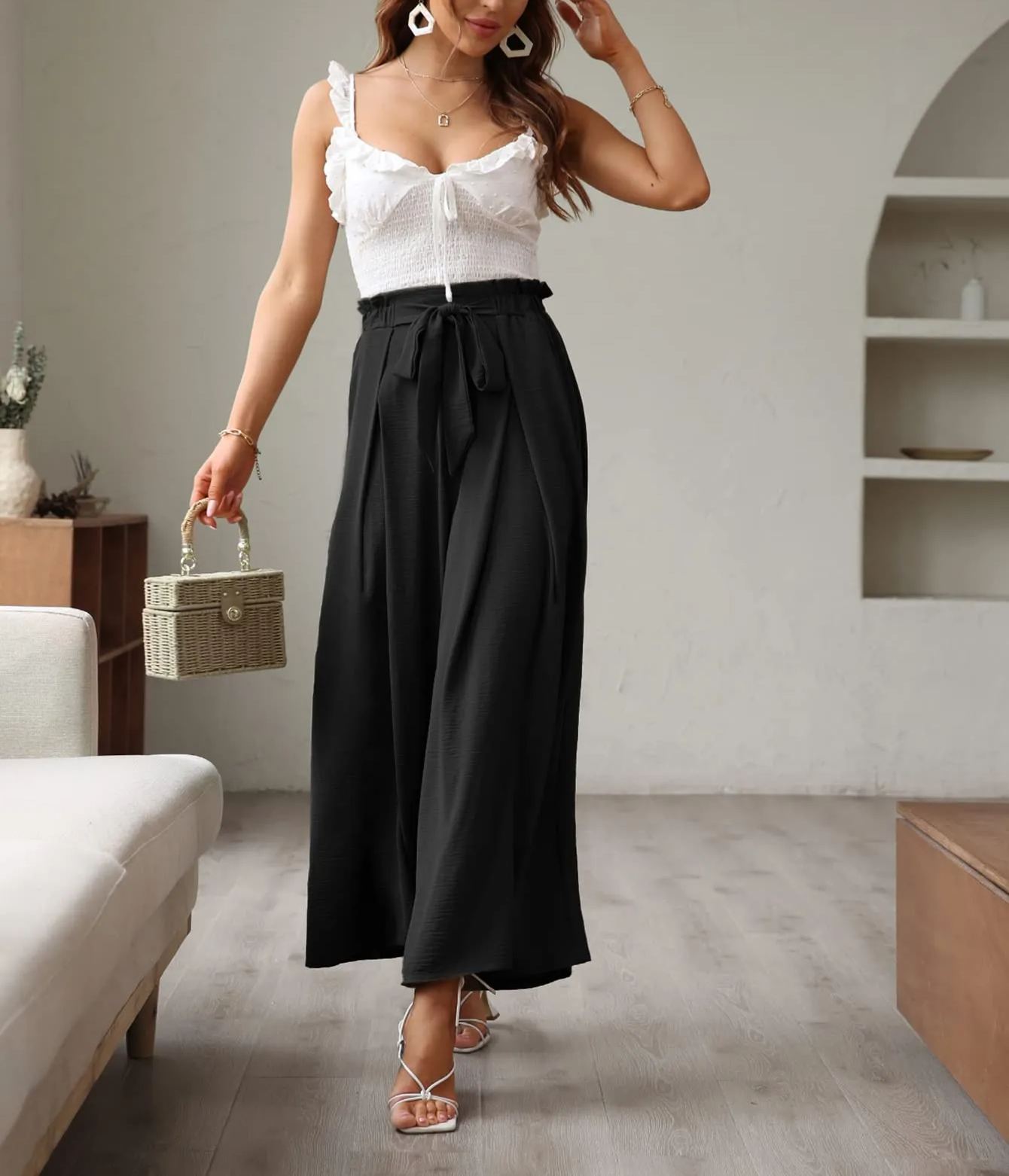 Women's Elegant Striped Split High Waisted Belted Flowy Wide Leg Pants-hivebabe.com