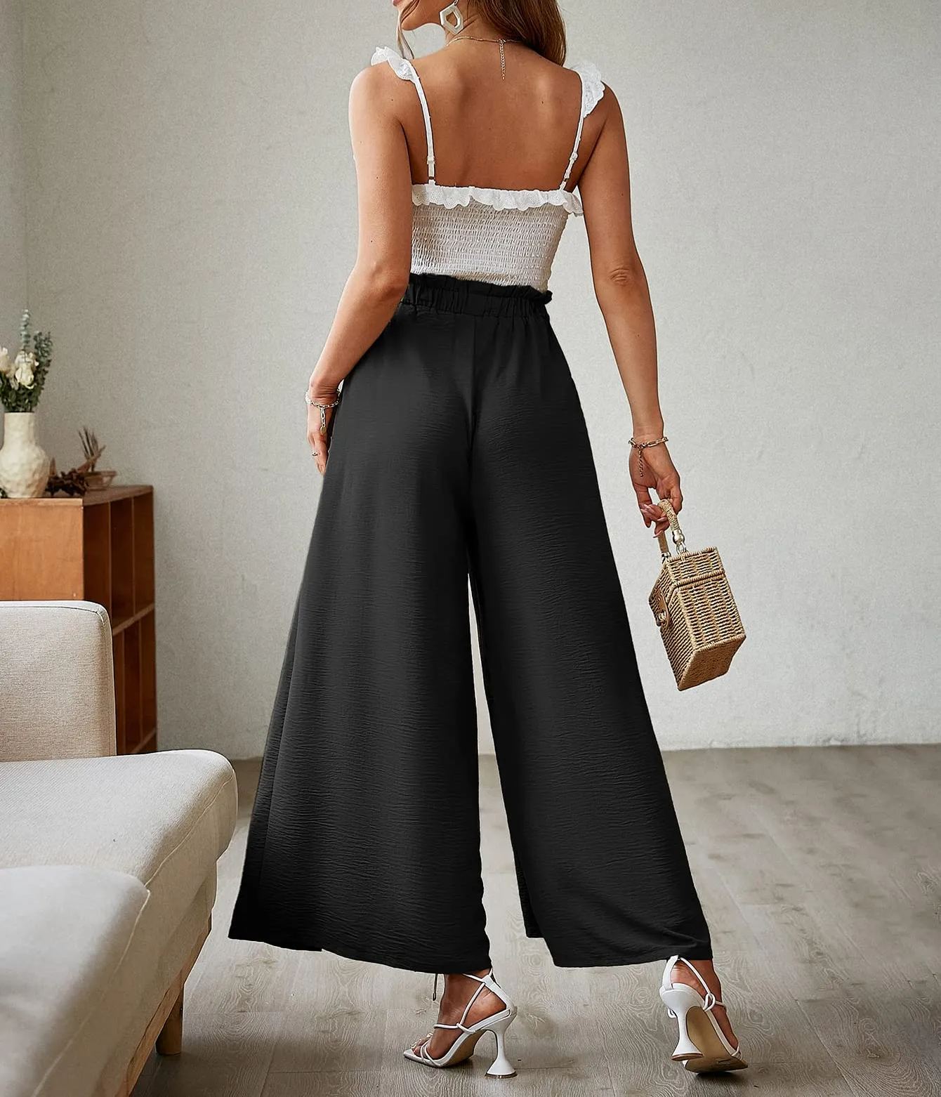 Women's Elegant Striped Split High Waisted Belted Flowy Wide Leg Pants-hivebabe.com