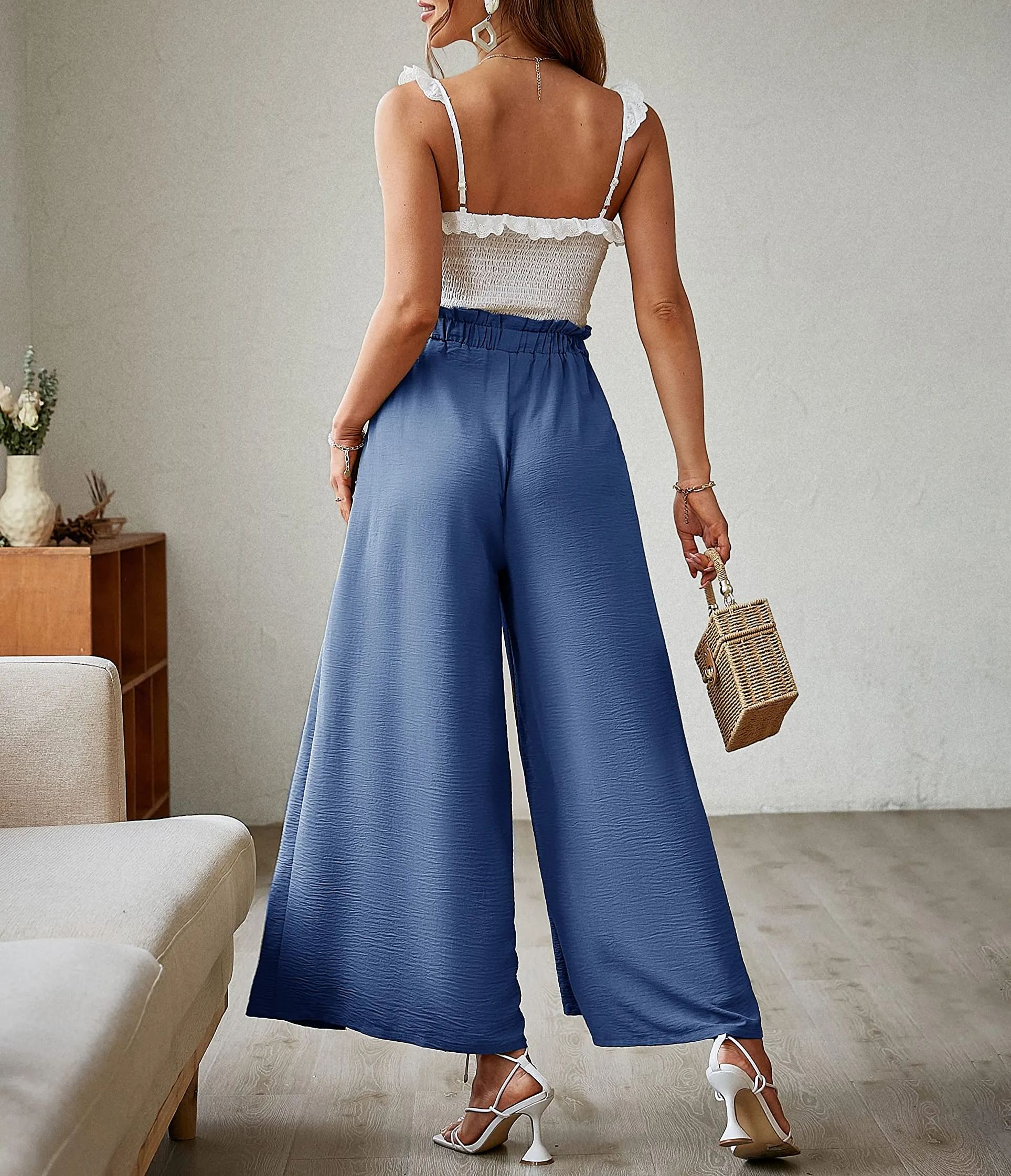 Women's Elegant Striped Split High Waisted Belted Flowy Wide Leg Pants-hivebabe.com