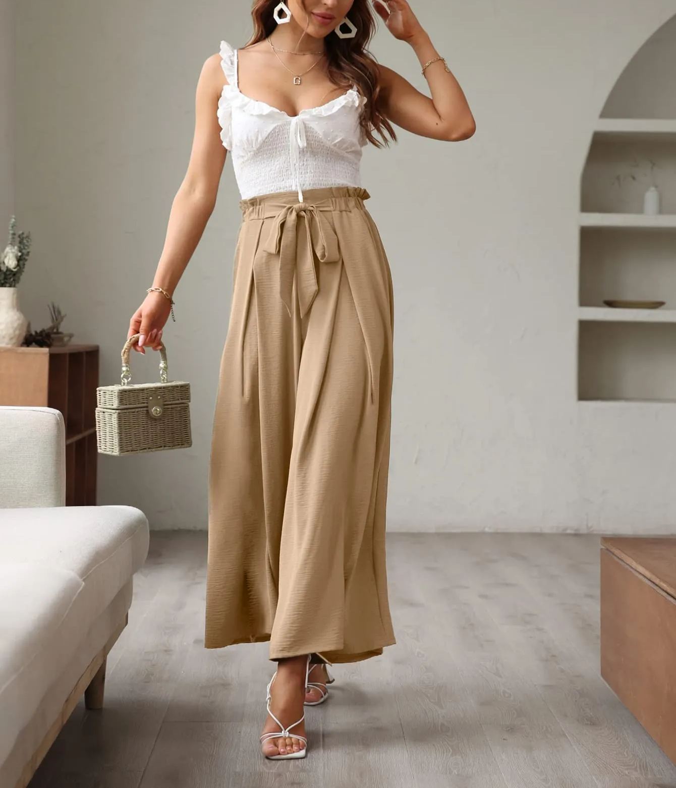 Women's Elegant Striped Split High Waisted Belted Flowy Wide Leg Pants-hivebabe.com