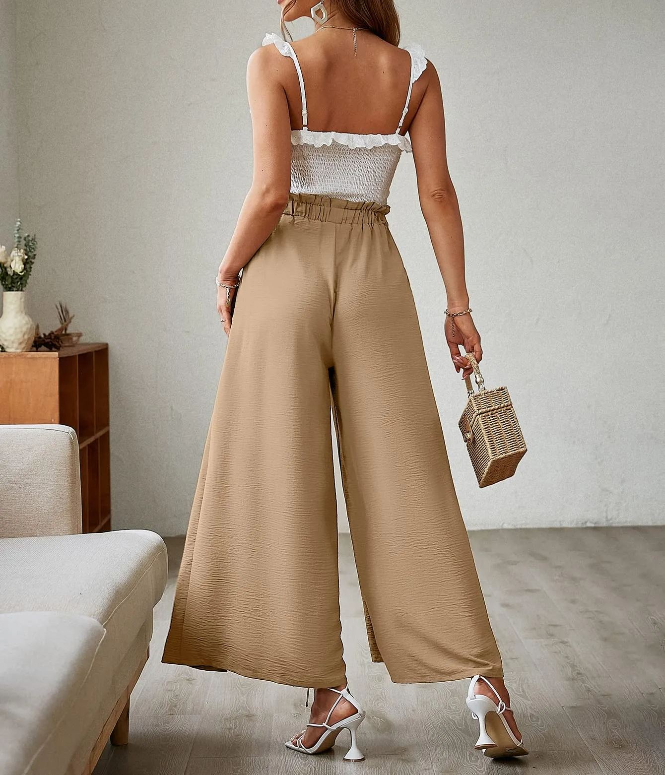 Women's Elegant Striped Split High Waisted Belted Flowy Wide Leg Pants-hivebabe.com