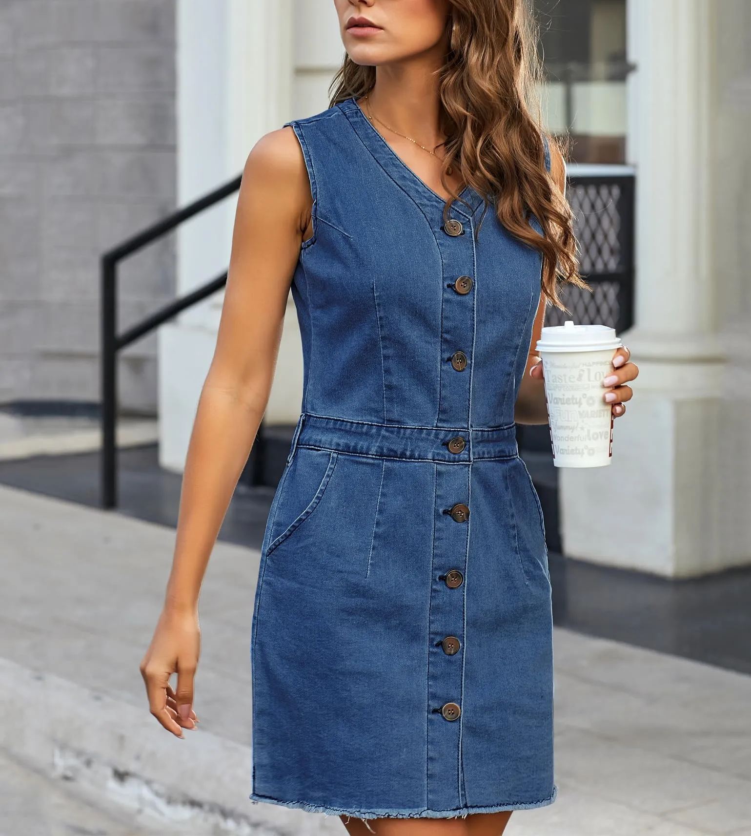 Women's Casual V Neck Sleeveless Denim Short Dress