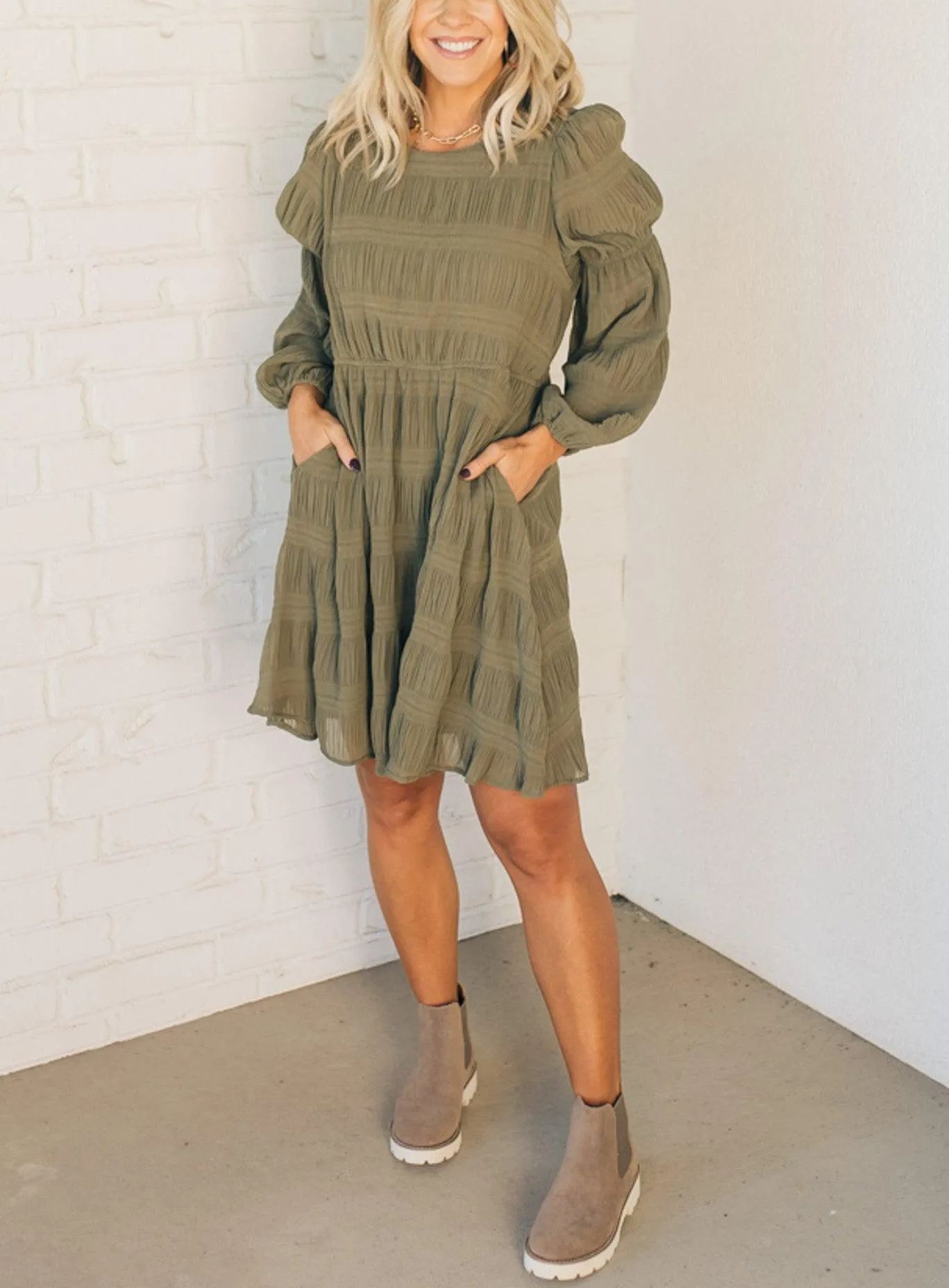 Textured Bubble Sleeve Shift Dress (Buy 2 Free Shipping)