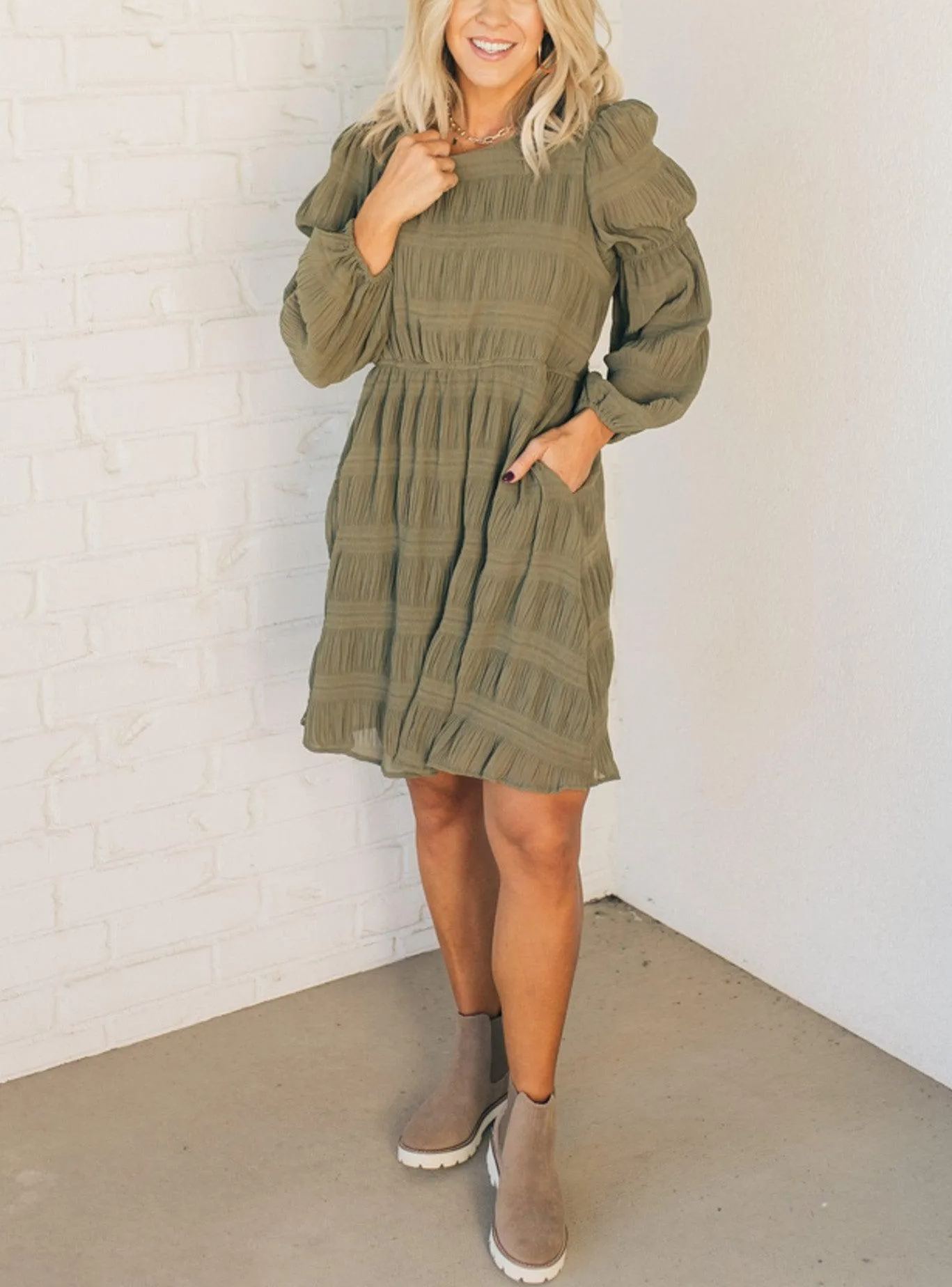 Textured Bubble Sleeve Shift Dress (Buy 2 Free Shipping)