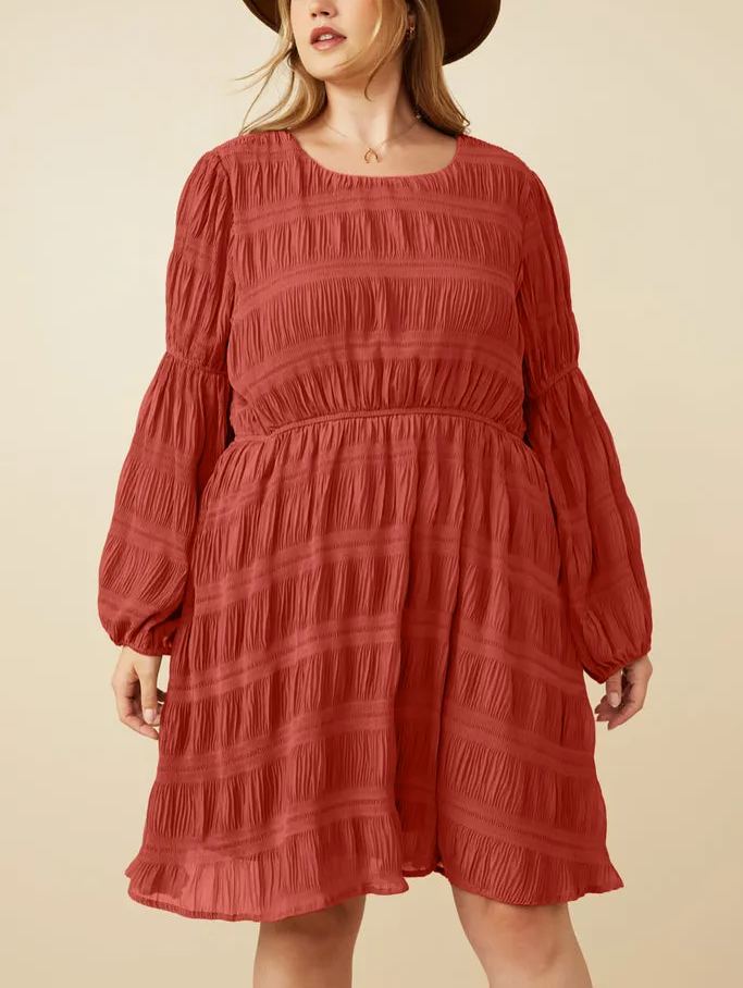 Textured Bubble Sleeve Shift Dress (Buy 2 Free Shipping)