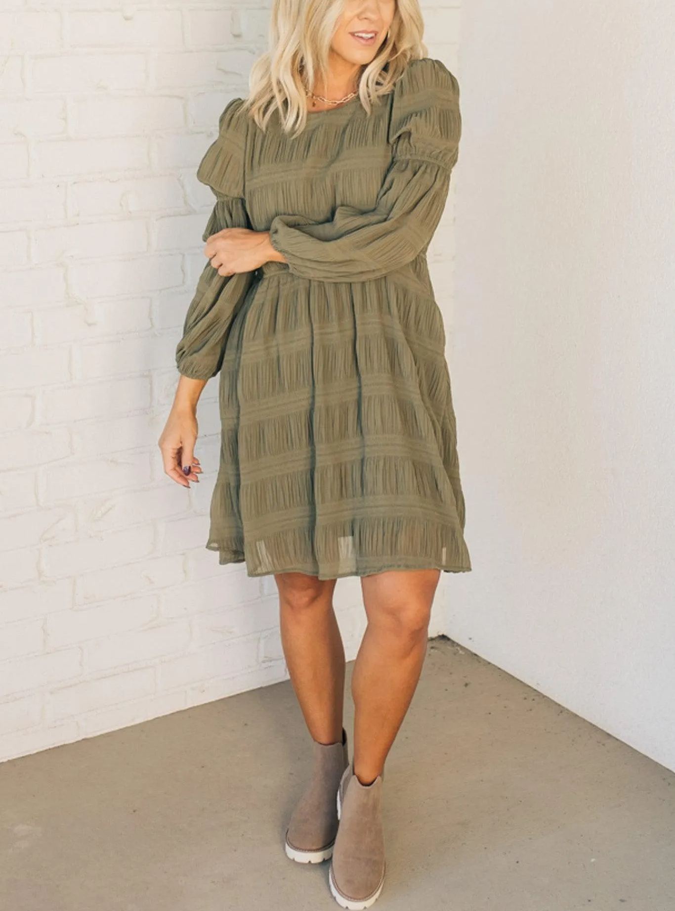 Textured Bubble Sleeve Shift Dress (Buy 2 Free Shipping)