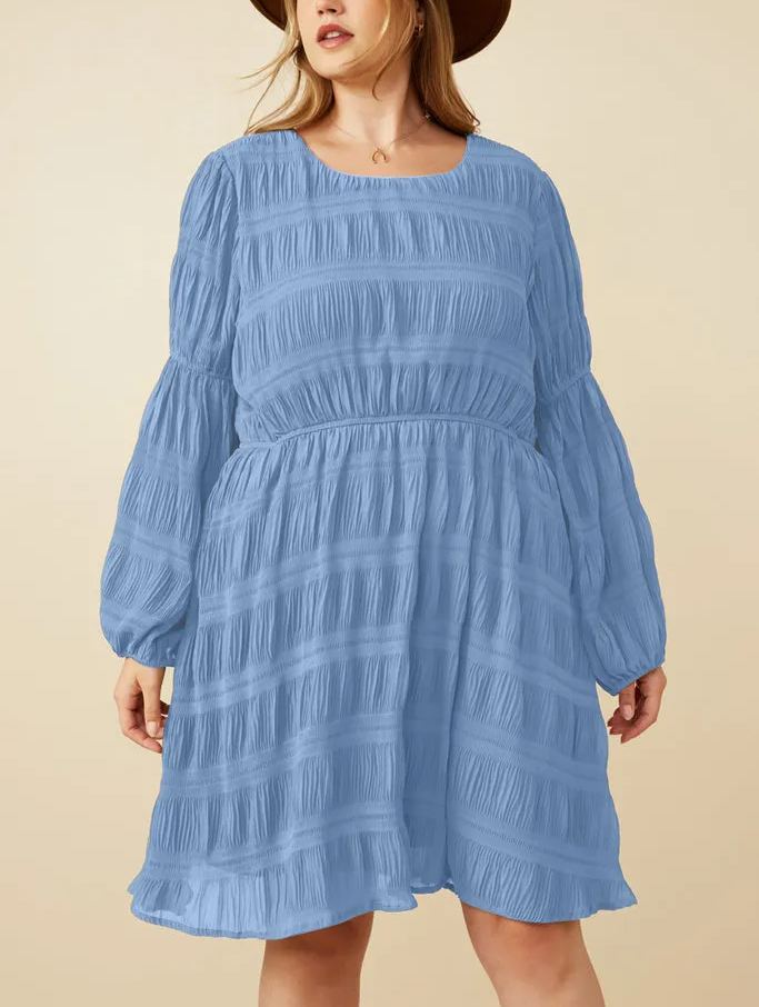 Textured Bubble Sleeve Shift Dress (Buy 2 Free Shipping)