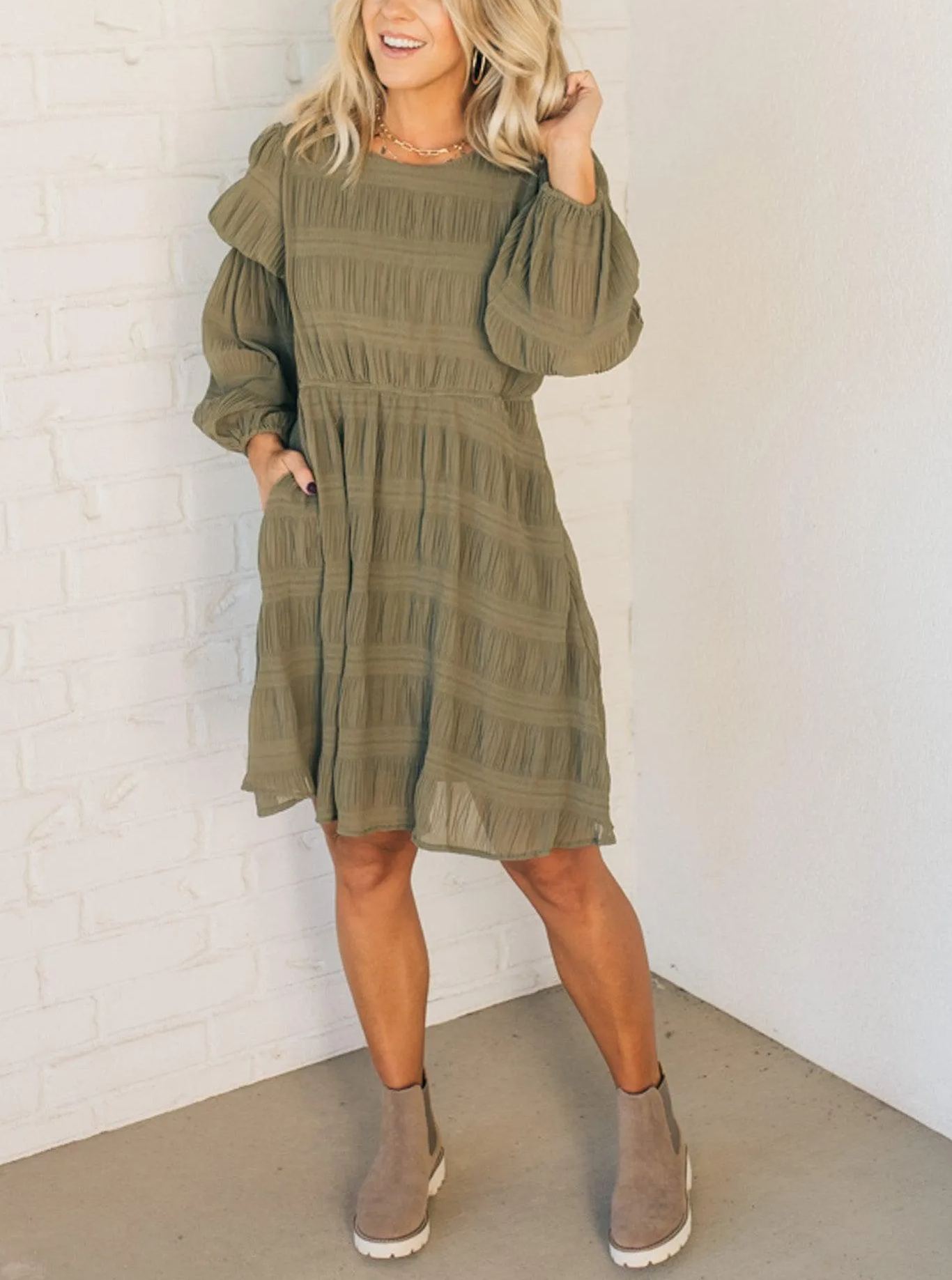 Textured Bubble Sleeve Shift Dress (Buy 2 Free Shipping)