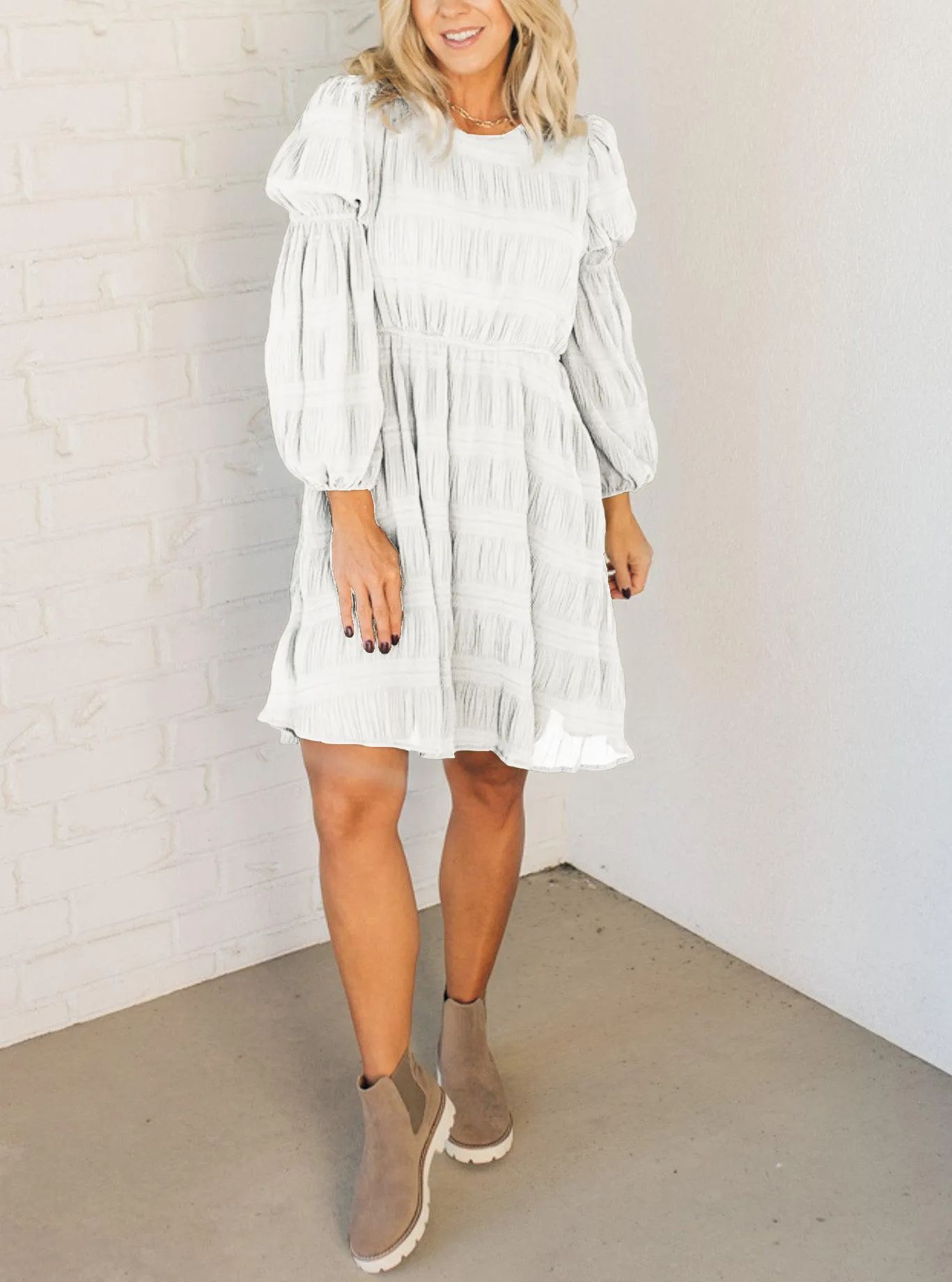 Textured Bubble Sleeve Shift Dress (Buy 2 Free Shipping)